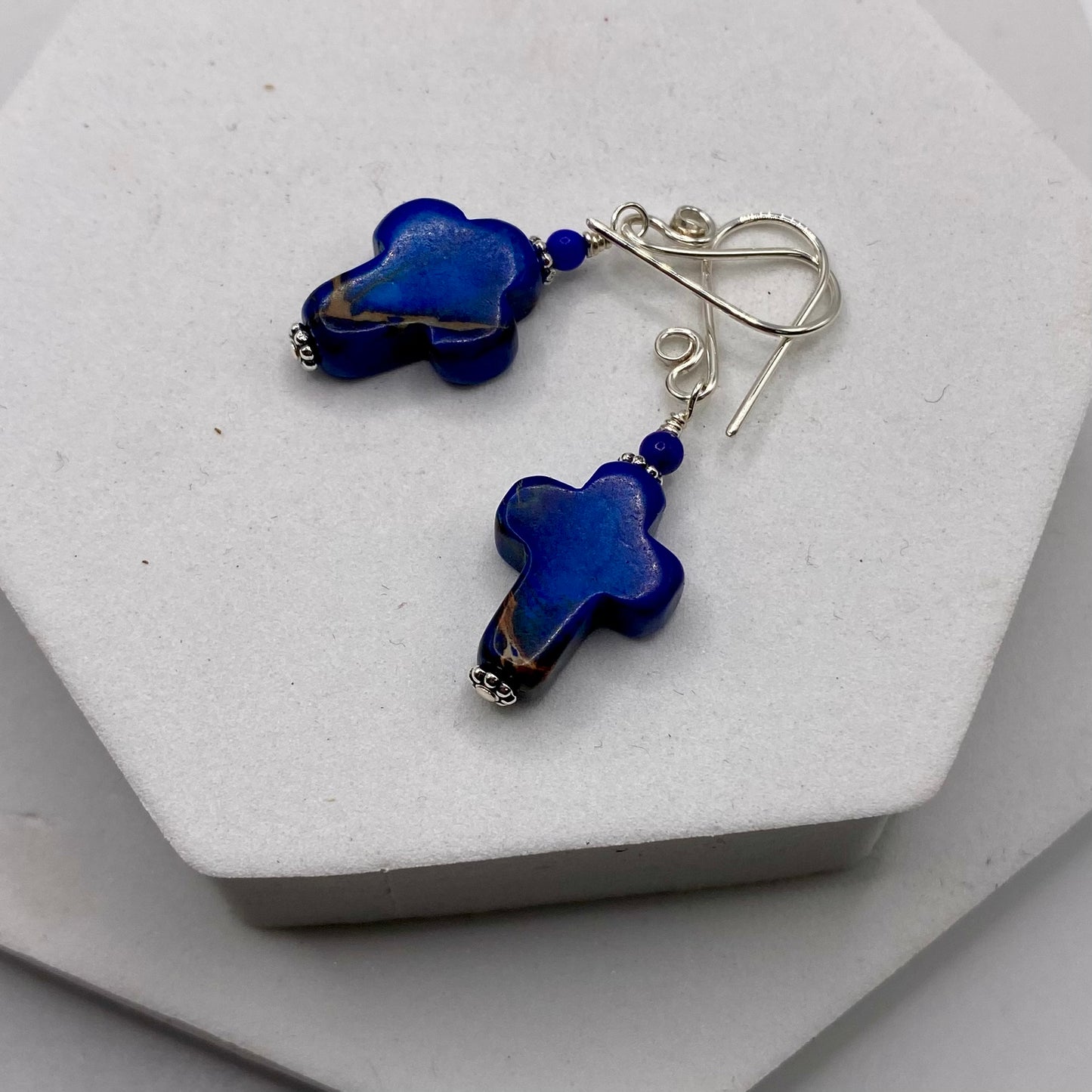 Blue Cross Earrings by Hip Chick Glass, Sterling Silver Earrings, Handmade Gemstone Jewelry, Handmade Jewelry Gift