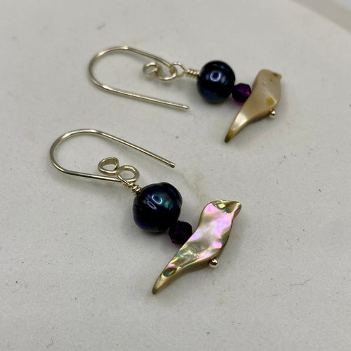 Abalone, Iolite Freshwater Pearls Silver Earrings by Hip Chick Glass, Handmade Sterling Silver Earrings, Silver Gemstone Jewelry