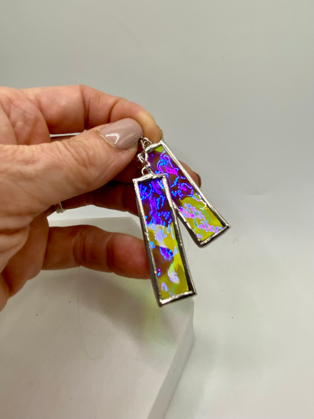 Purple & Clear Wavy Rectangle Earrings | Stained Glass Earrings by Hip Chick Glass, Iridescent Statement Earrings, Geometric Earrings