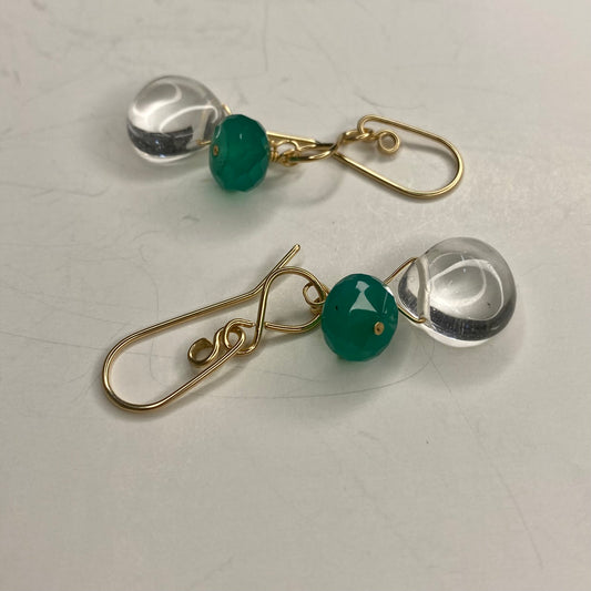 Green Agate & Quartz Crystal Dangle Earrings by Hip Chick Glass, 14 Karat Gold Fill Earrings, Handmade Gemstone Jewelry, Birthstone Gift