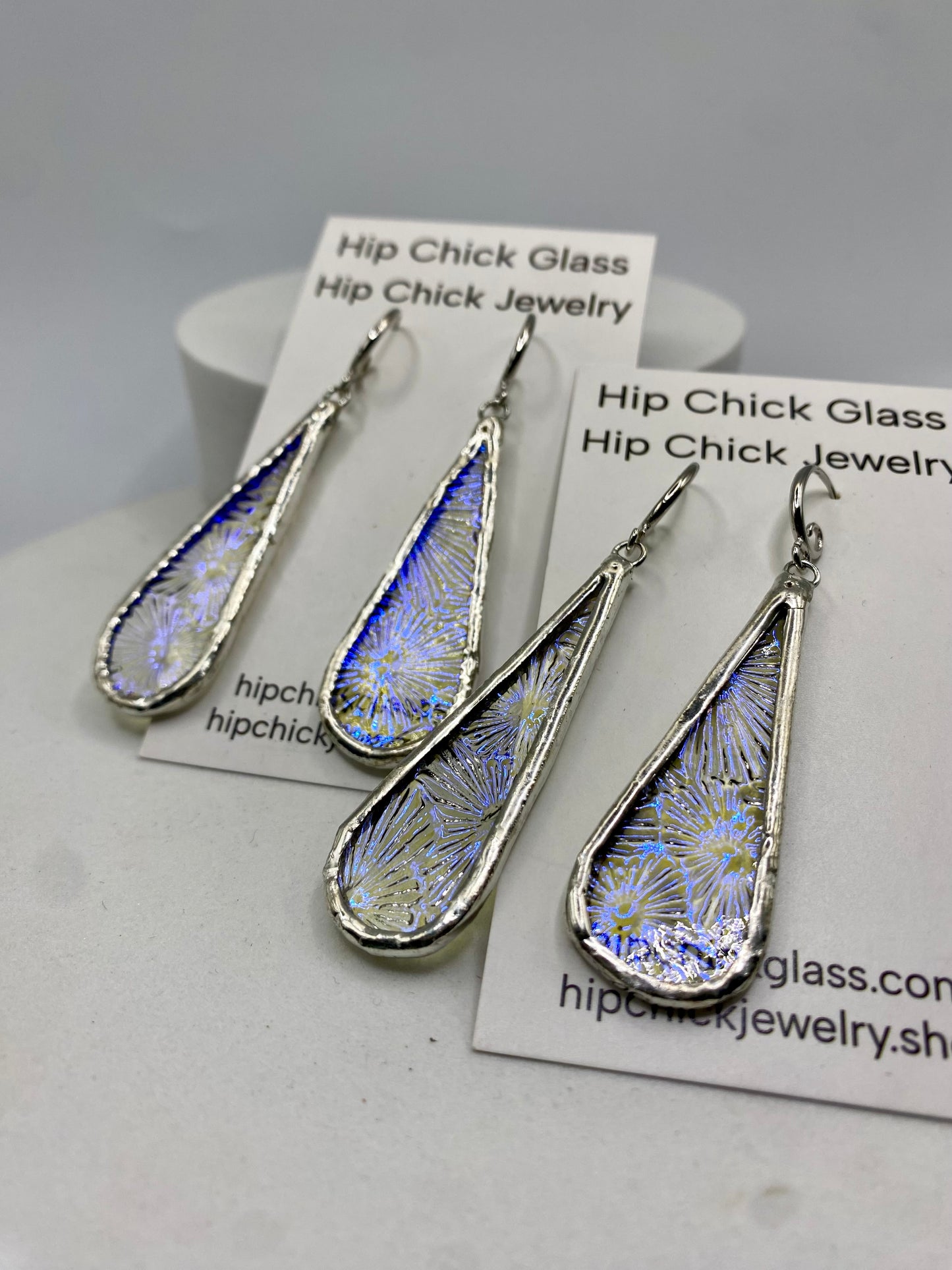 Blue Snowflake Teardrop Earrings | Stained Glass Earrings by Hip Chick Glass, Stained Glass Dangle Drop Earrings, Stained Glass Earrings