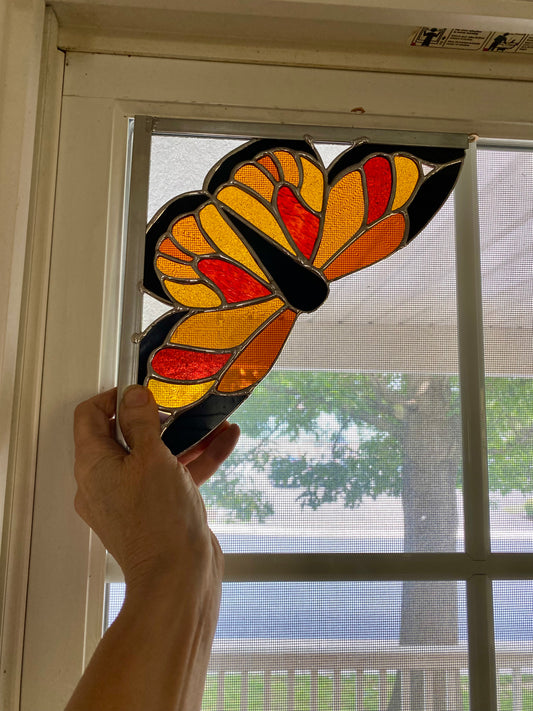 RUST BUTTERFLY Window Corner | Stained Glass Window Panel | Handmade Home Décor | Butterfly Sun Catcher by Hip Chick Glass, LLC