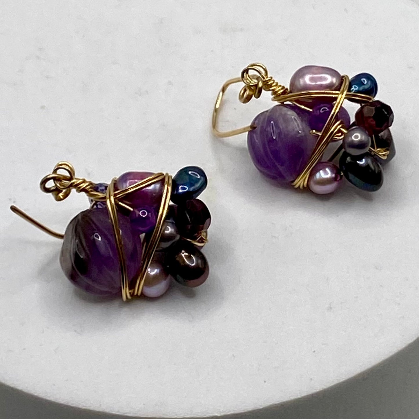OOAK Gold Wire Wrap Cluster Earrings by Hip Chick Glass, Handmade Amethyst Earrings, Pearl Earrings, Handmade Gemstone Earrings, February Birthstone, June Birthstone, Boho Luxe Earrings