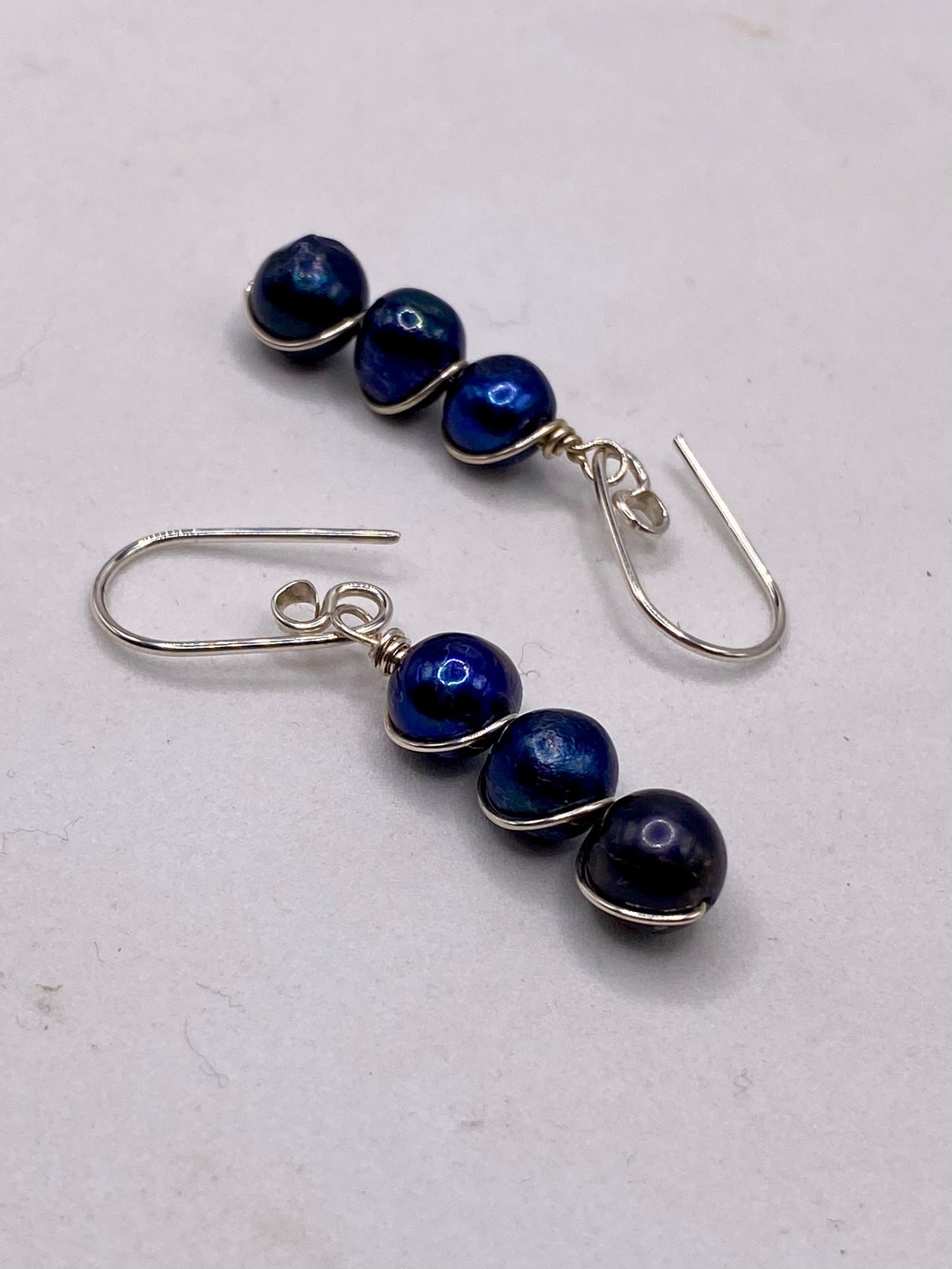Blue Pearl Triple Wrap Sterling Silver Earrings by Hip Chick Glass, Sterling Silver Earrings, Handmade Gemstone Jewelry, June Birthstone Gift