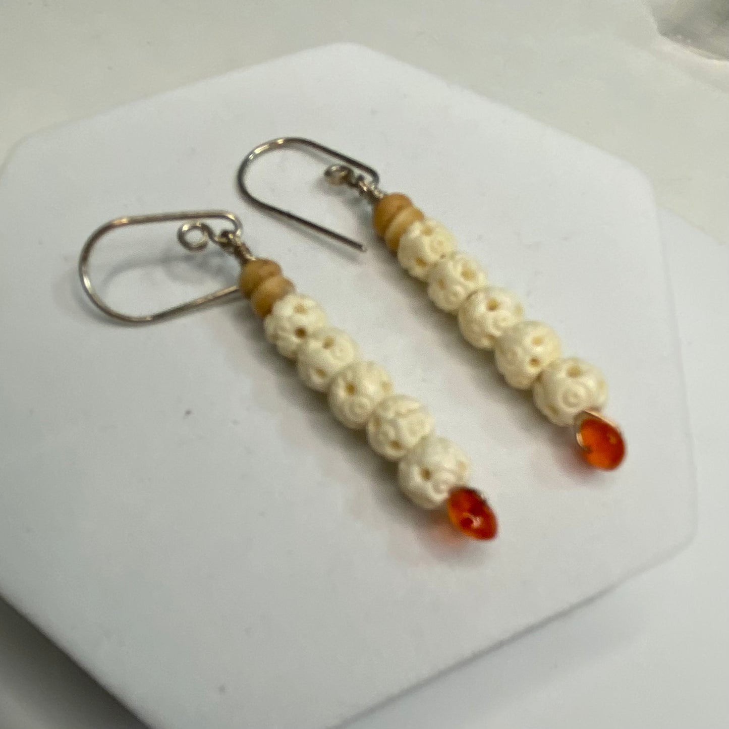 Carnelian, Carved Bone & Seed Earrings by Hip Chick Glass, Sterling Silver Earrings, Handmade Gemstone Jewelry, Gift For Woman