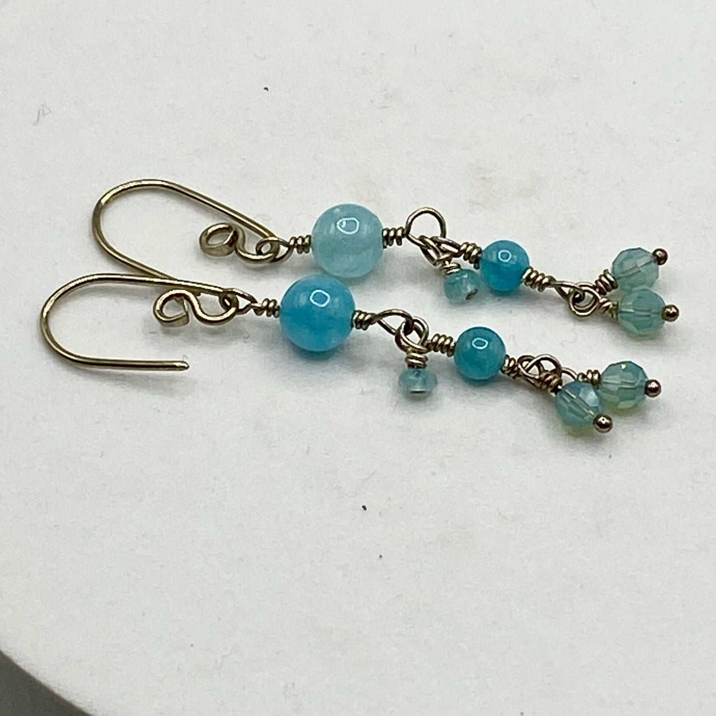 Aquamarine, Angelite & Swarovski Crystal Earrings by Hip Chick Glass, Sterling Silver Wire Wrap Earrings, Handmade Aquamarine Jewelry, March Birthstone Earrings