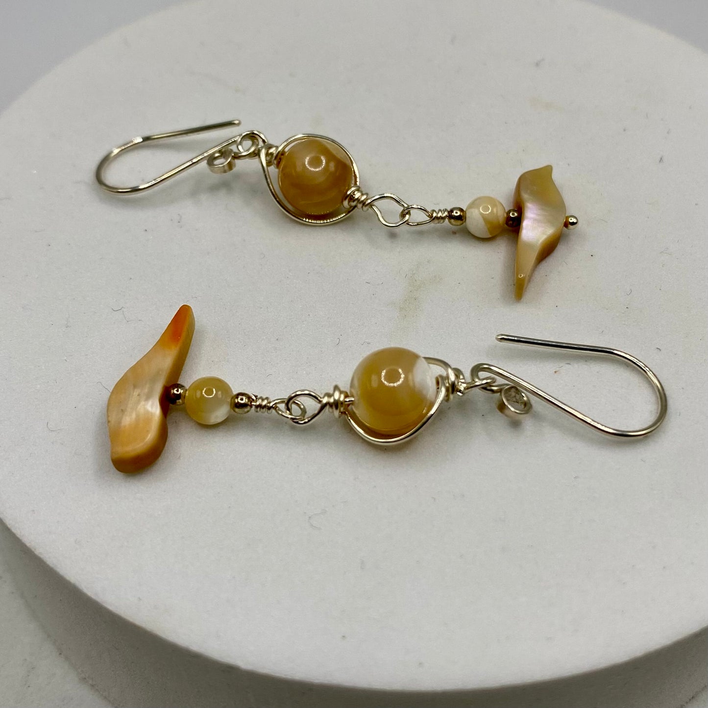 Abalone, Mother of Pearl Long Bird Earrings by Hip Chick Glass, Handmade Sterling Silver Earrings, Silver Gemstone Jewelry