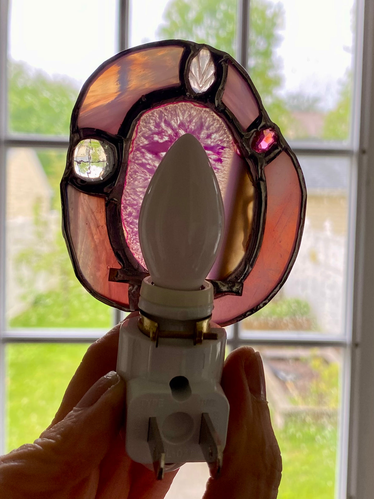 AGATE SLICE NIGHTLIGHT in Pink with Rose Quartz and Jewels | Nightlight by Hip Chick Glass, LLC