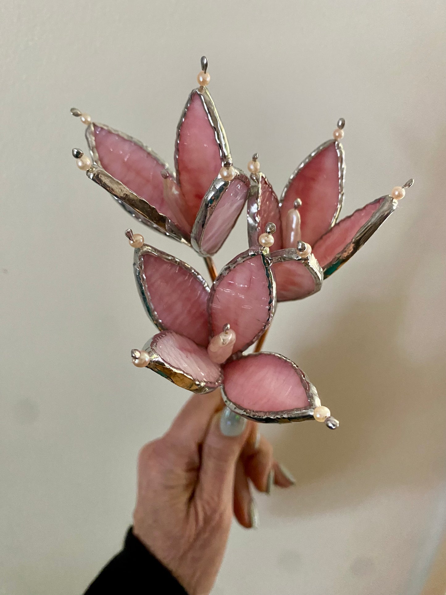 Flowers | Stained Glass Flower Bouquet, Glass Flowers with Quartz Crystals and Pearls on a Stem, Handmade Home Decor, Wedding Bouquet Keepsake, Tabletop Decor