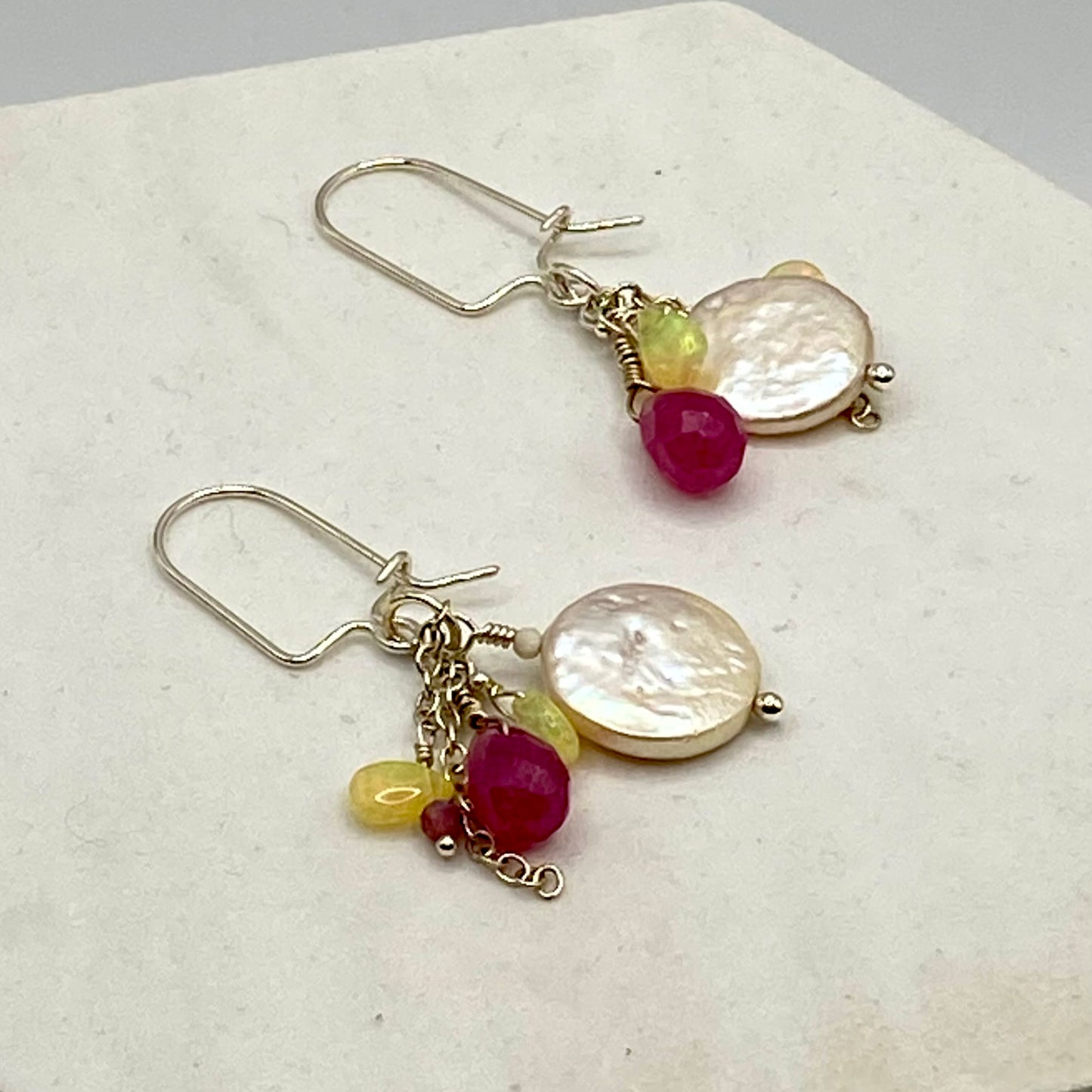 Coin Pearl, Ethiopian Opal, Chalcedony & Tourmaline Earrings by Hip Chick Glass, Sterling Silver Earrings, Handmade Gemstone Jewelry, Birthstone Gift