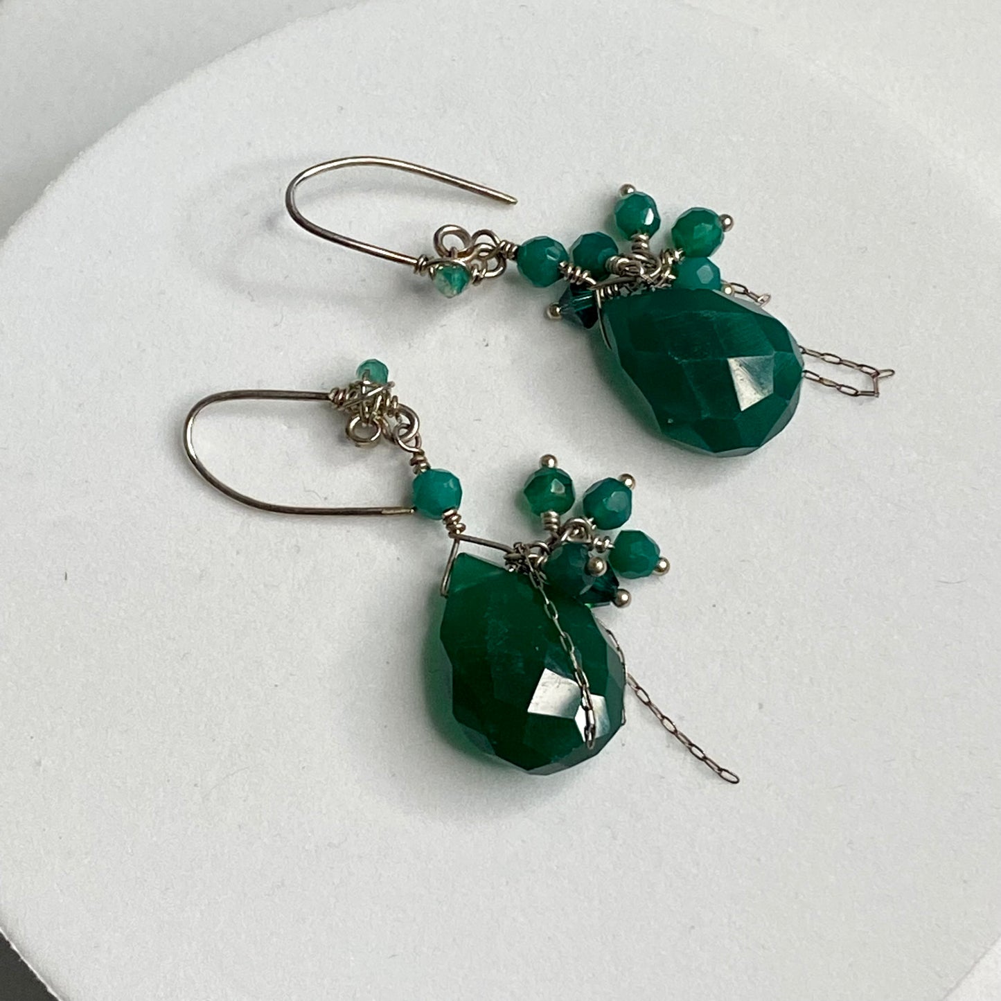 Teal Agate & Swarovski Crystal Dangle Earrings by Hip Chick Glass, Sterling Silver Earrings, Handmade Gemstone Jewelry, Birthstone Gift