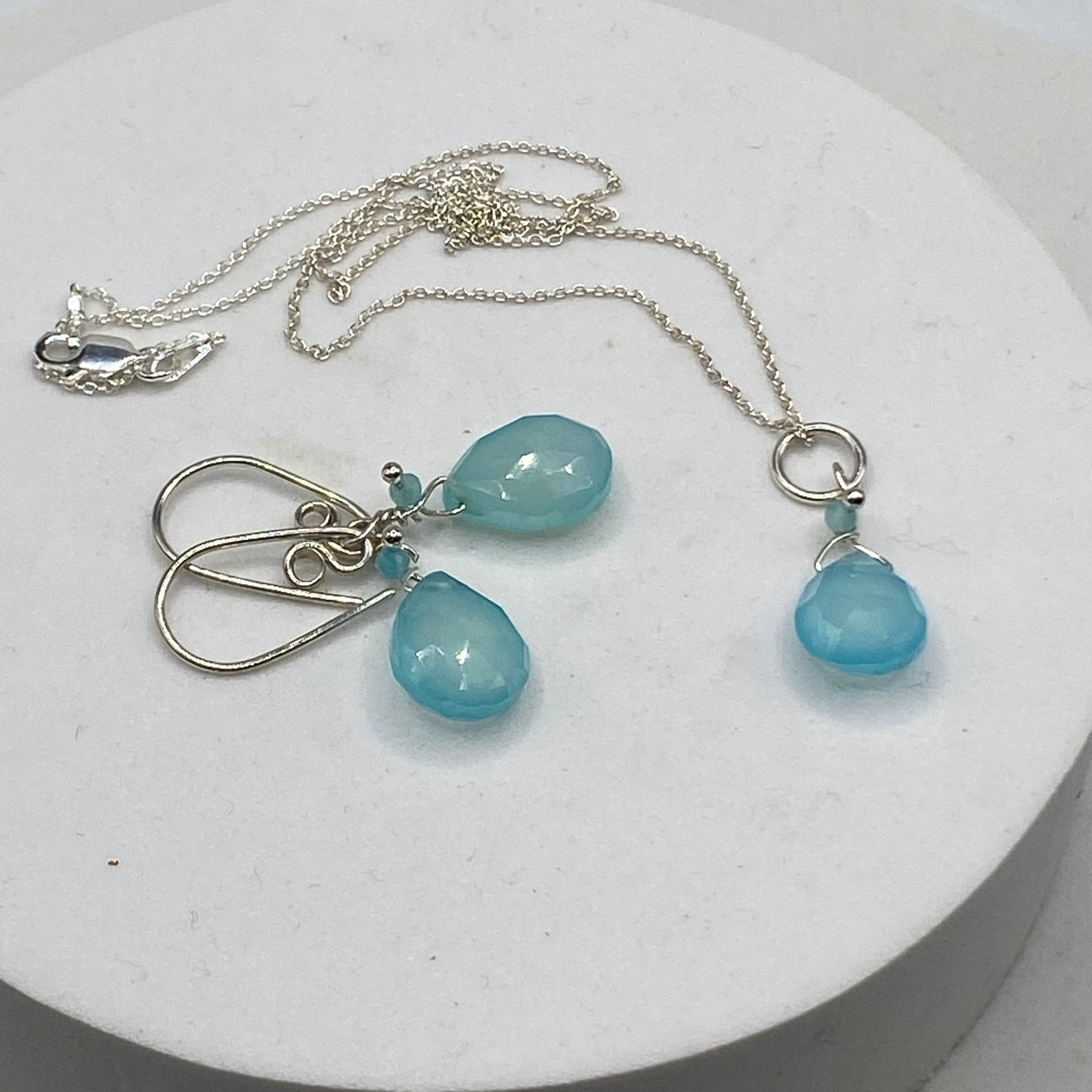 Blue Chalcedony Necklace & Earring Set by Hip Chick Glass, Handmade Sterling Silver Jewelry, Handmade Gemstone Jewelry Set, Dainty Necklace Earrings Set, Minimalist Jewelry