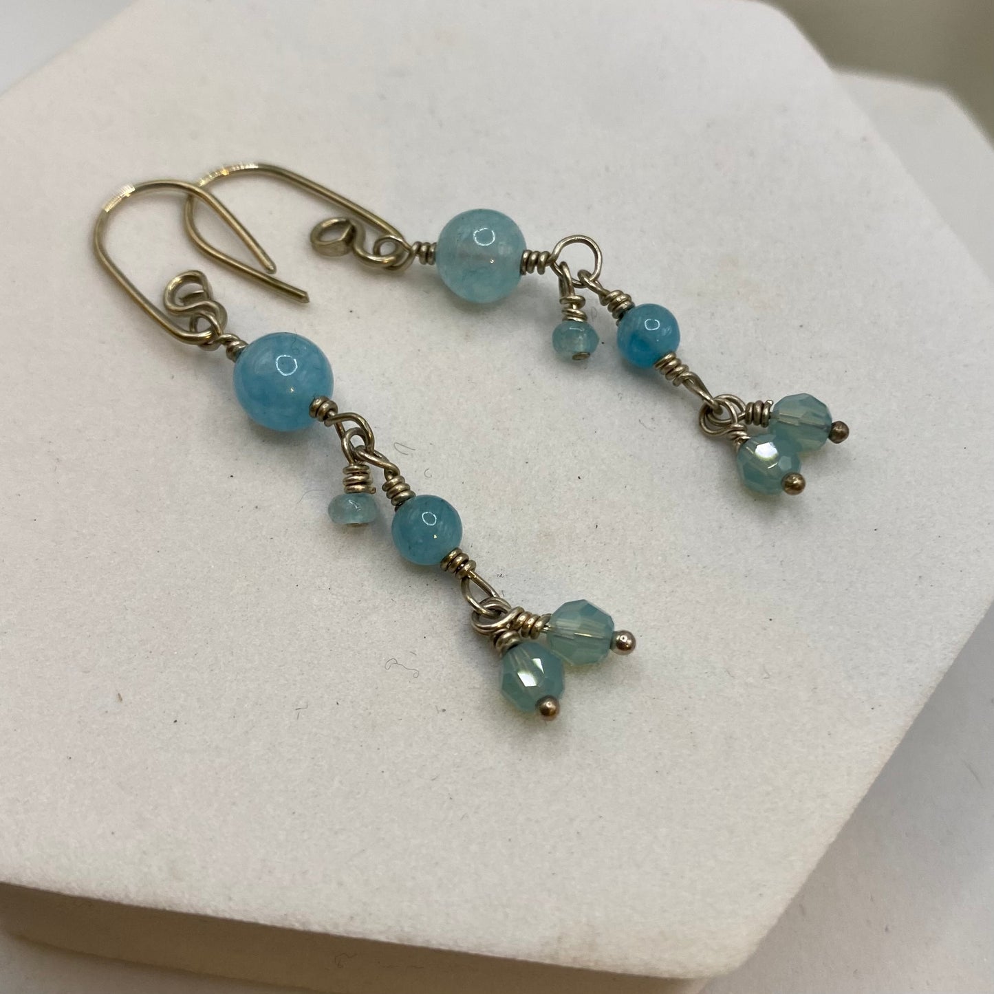 Aquamarine, Angelite & Swarovski Crystal Earrings by Hip Chick Glass, Sterling Silver Wire Wrap Earrings, Handmade Gemstone Jewelry, March Birthstone