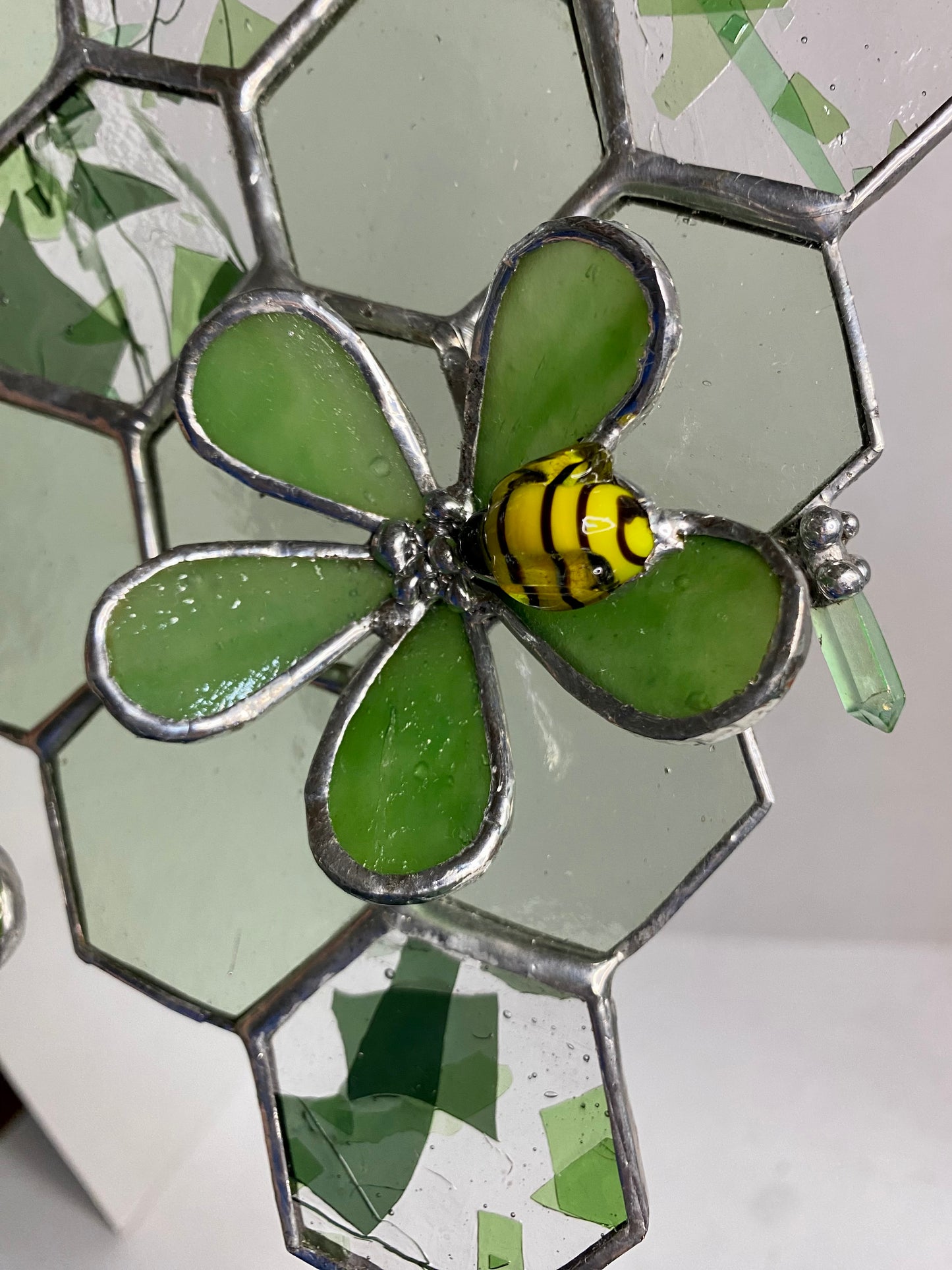 Green Honeycomb with Flower & Bee | Stained Glass Window Panel by Hip Chick Glass, Original Design Handmade Glass Art, Suncatcher