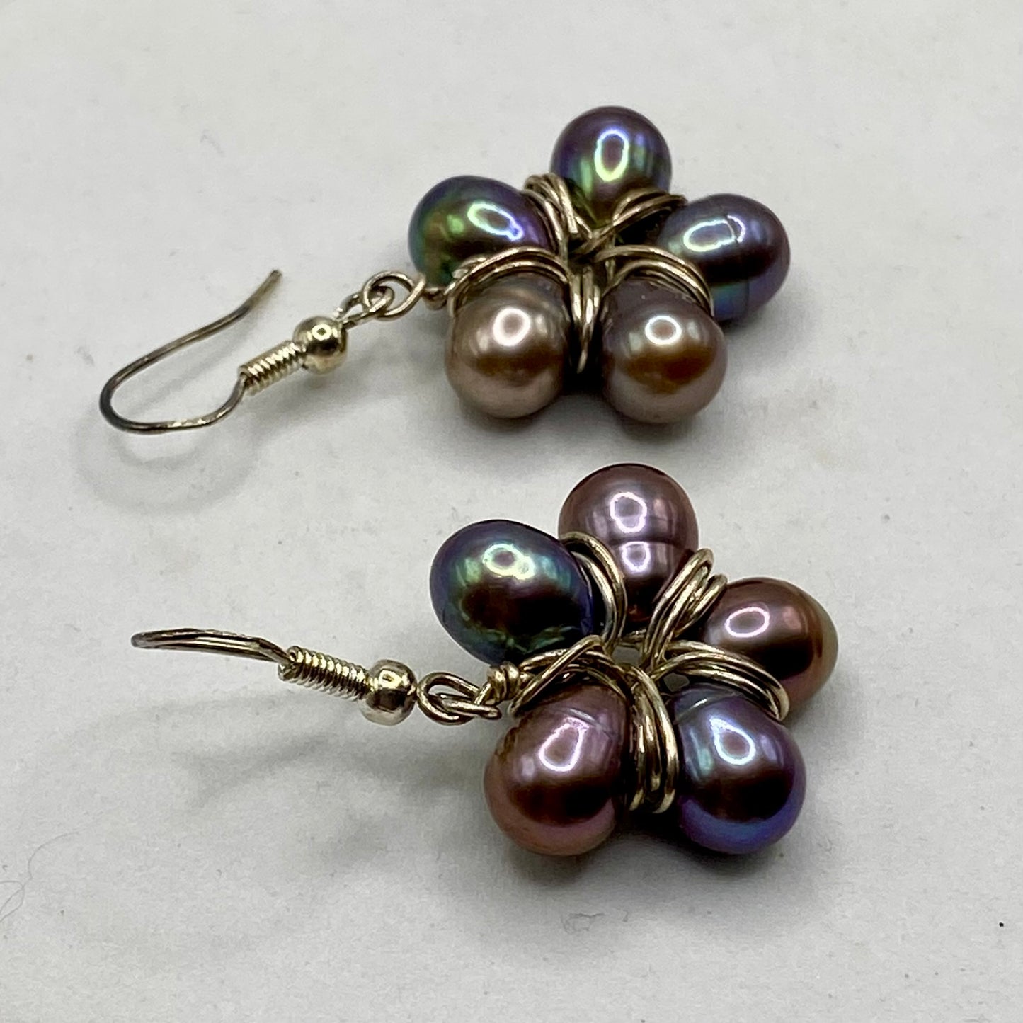 Black Pearl Flower Earrings by Hip Chick Glass, Sterling Silver Wire Wrap Earrings, Handmade Gemstone Jewelry, June Birthstone Gift