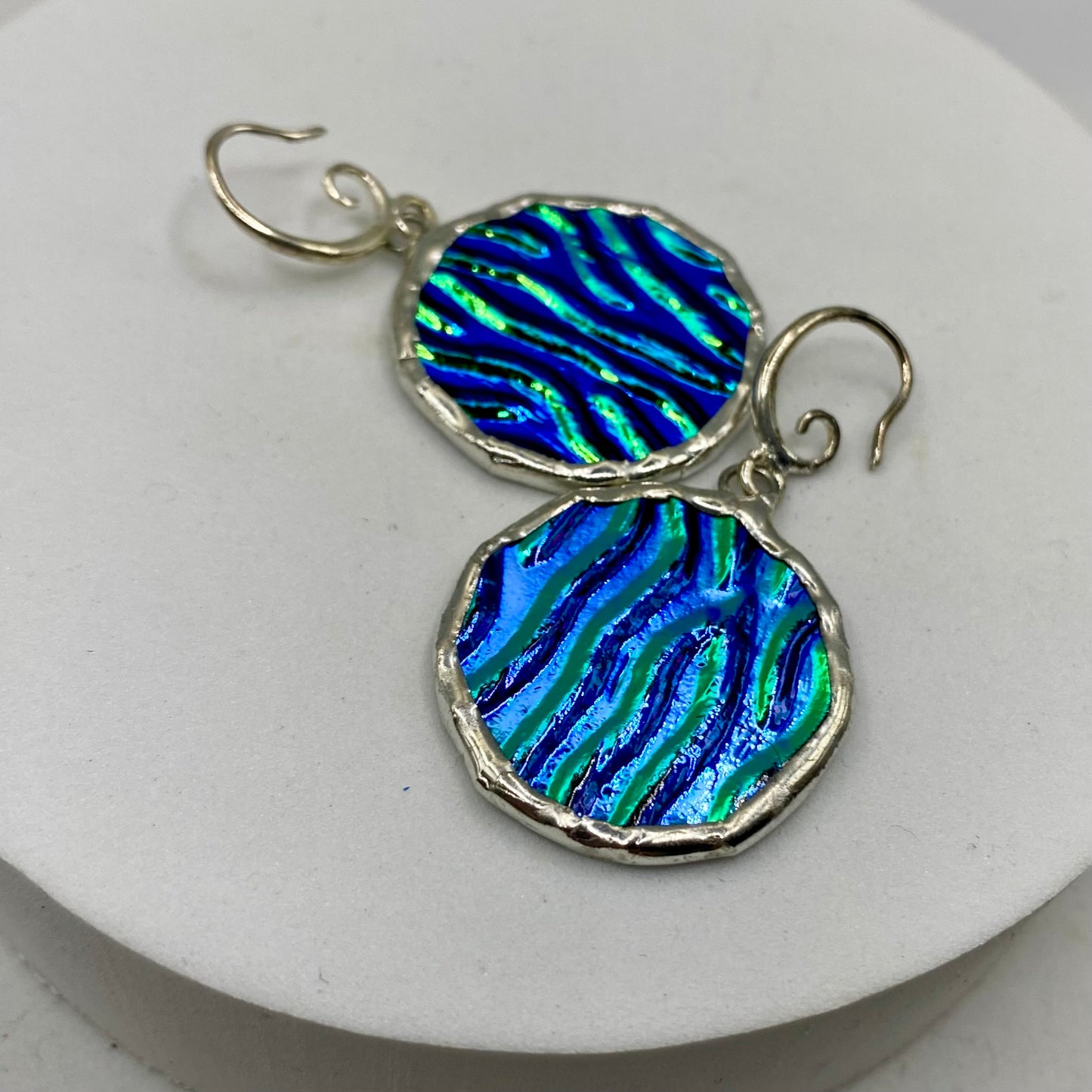 Blue Dichroic Glass Circle Earrings | Stained Glass Earrings by Hip Chick Glass, Stained Glass Dangle Drop Earrings, Stained Glass Earrings
