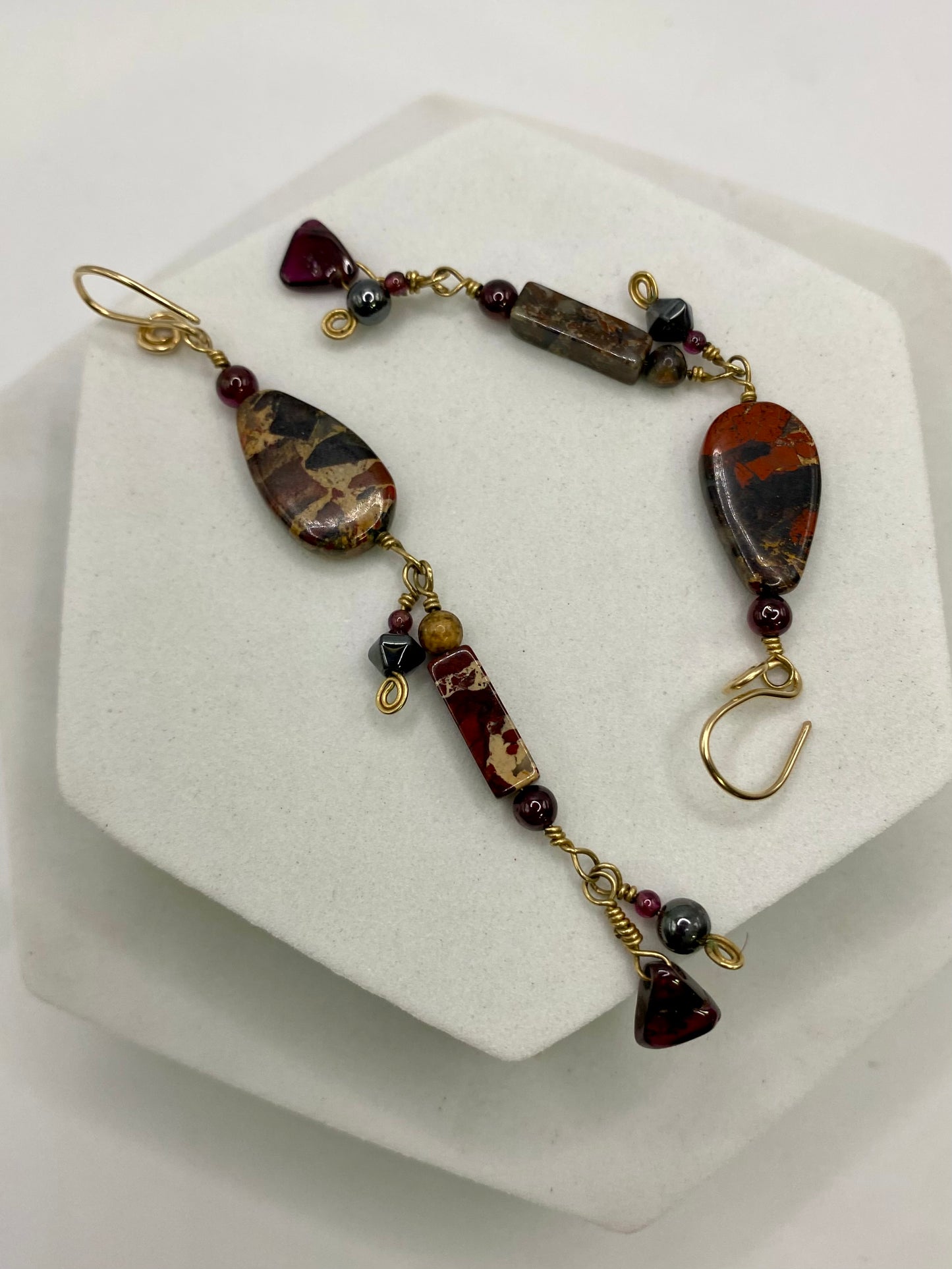 Jasper Hematite Garnet Gold Dangle Earrings by Hip Chick Glass, 14 Karat Gold Fill Earrings, Handmade Gemstone Jewelry, Birthstone Gift