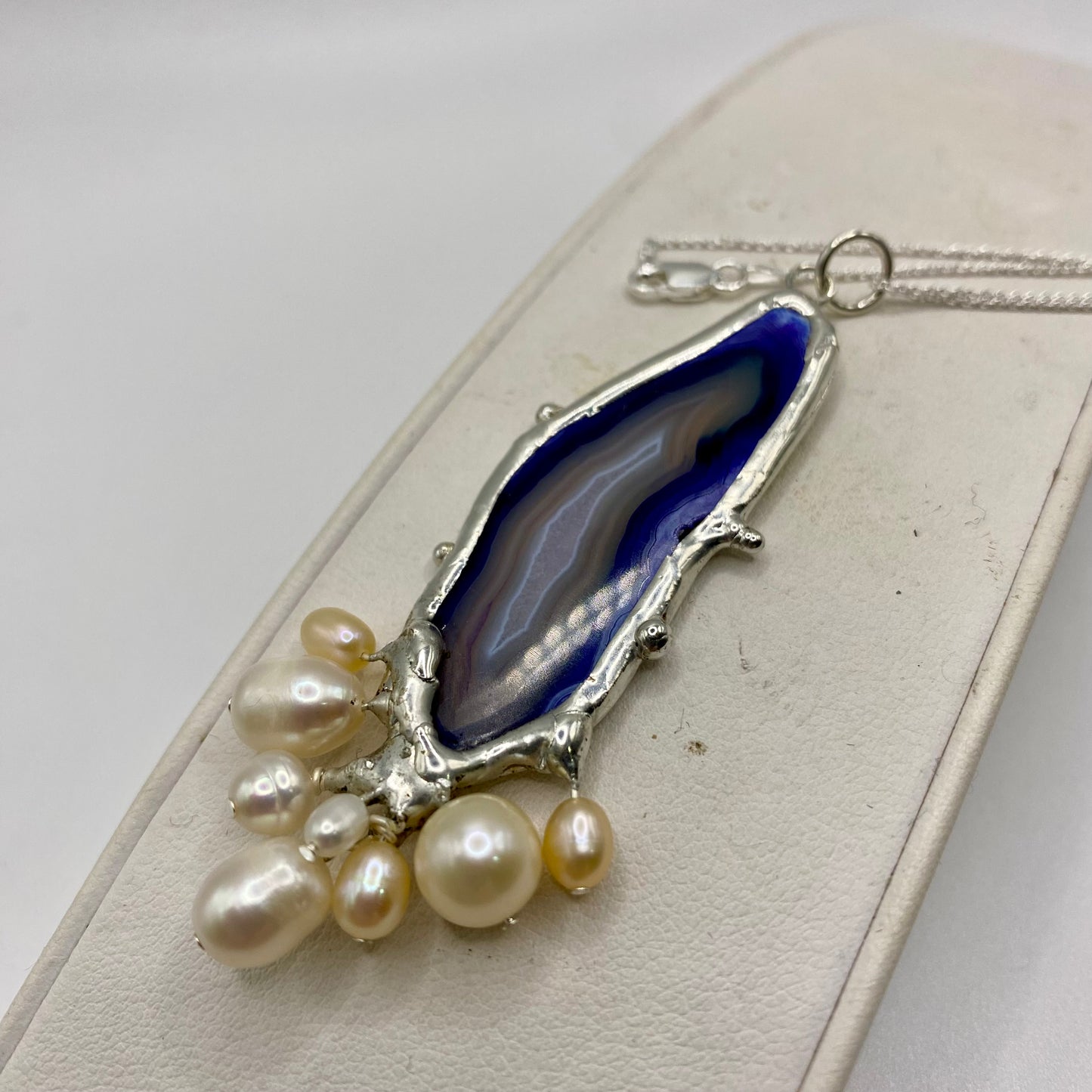 Agate & Pearl Cluster Necklace | Agate Slice Necklace by Hip Chick Glass, Handmade Silver Pendant Necklace, Silver Pearl Agate Necklace, Handmade Jewelry