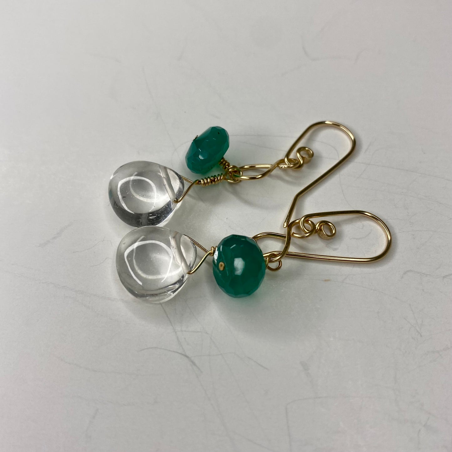 Green Agate & Quartz Crystal Dangle Earrings by Hip Chick Glass, 14 Karat Gold Fill Earrings, Handmade Gemstone Jewelry, Birthstone Gift