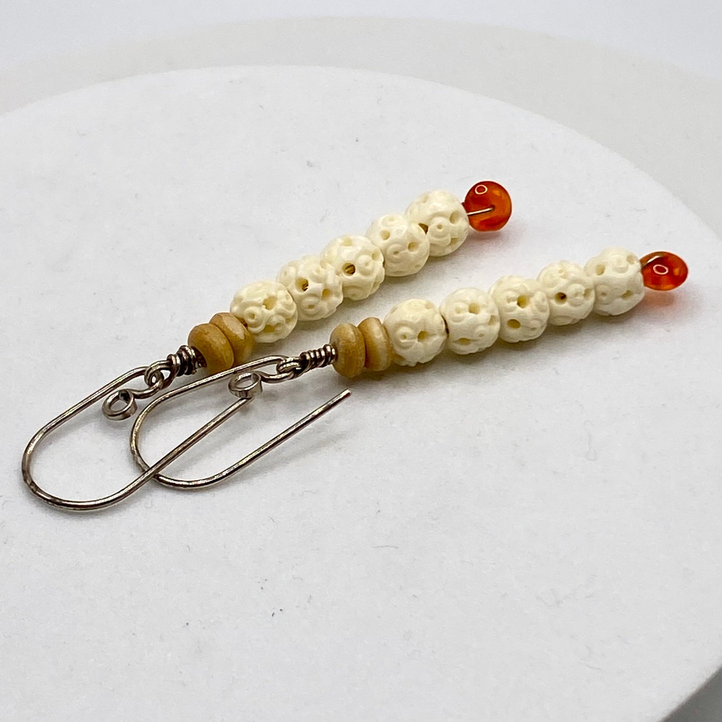 Carnelian, Carved Bone & Seed Earrings by Hip Chick Glass, Sterling Silver Earrings, Handmade Gemstone Jewelry, Gift For Woman