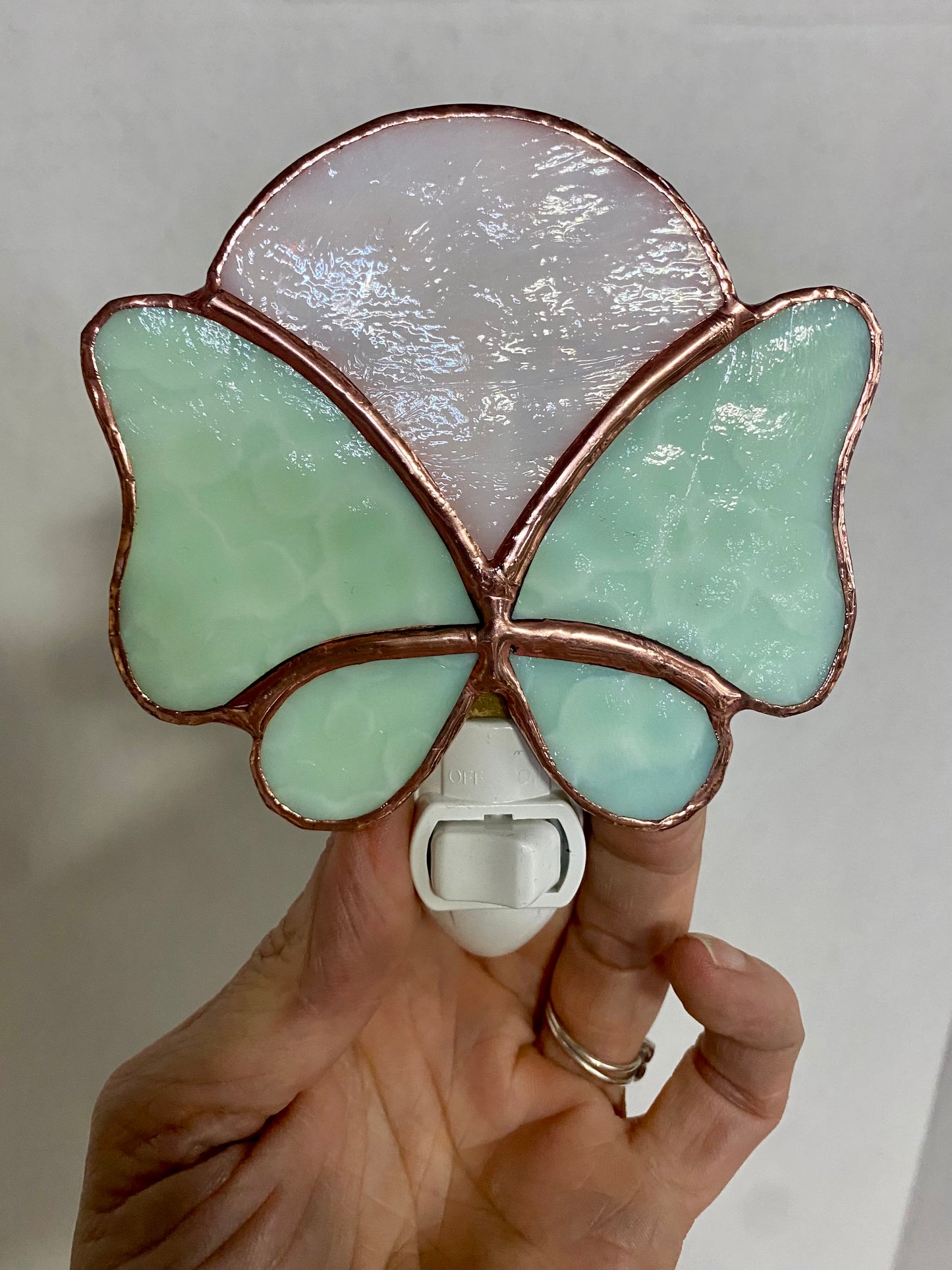 Teal Butterfly Nightlight Under a White Moon | Butterfly Nightlight | Stained Glass Butterfly Nightlight | Hip Chick Glass, LLC