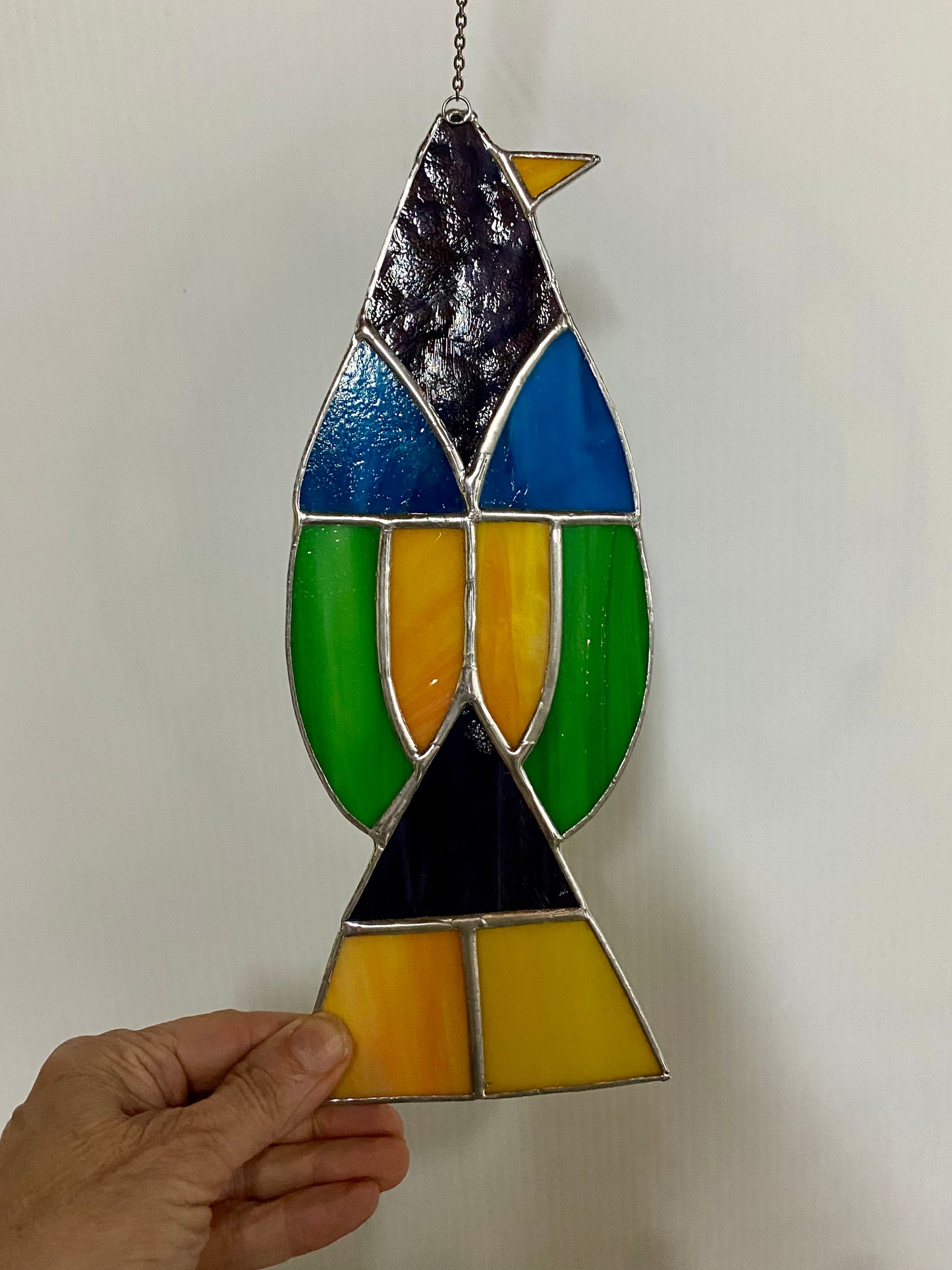 GEOMETRIC SITTING Bird Suncatcher | Stained Glass Suncatcher by Hip Chick Glass | Glass Art Bird | Colorful Bird Window Decor