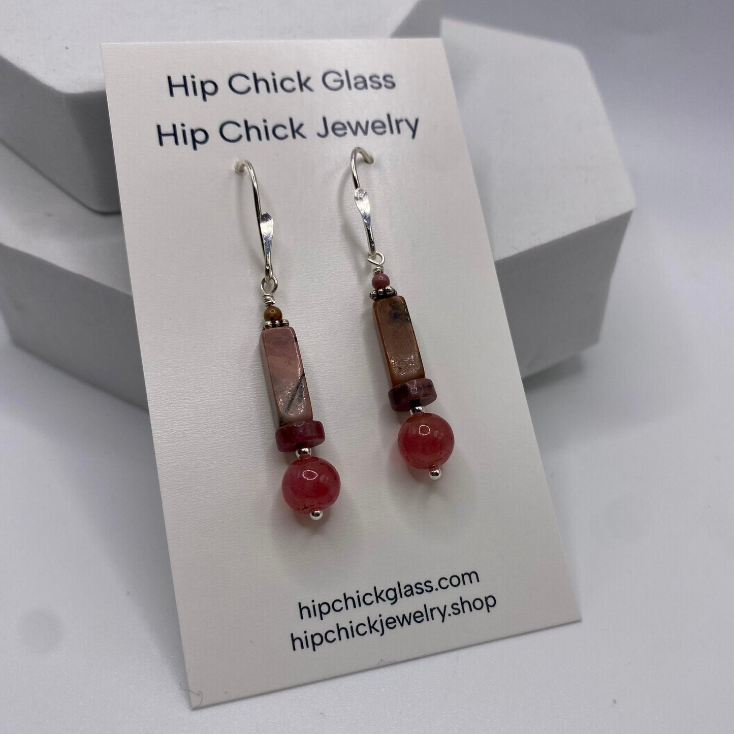 Rhodochrosite & Ruby Dangle Earrings by Hip Chick Glass, Sterling Silver Earrings, Handmade Gemstone Jewelry, Handmade Jewelry Gift