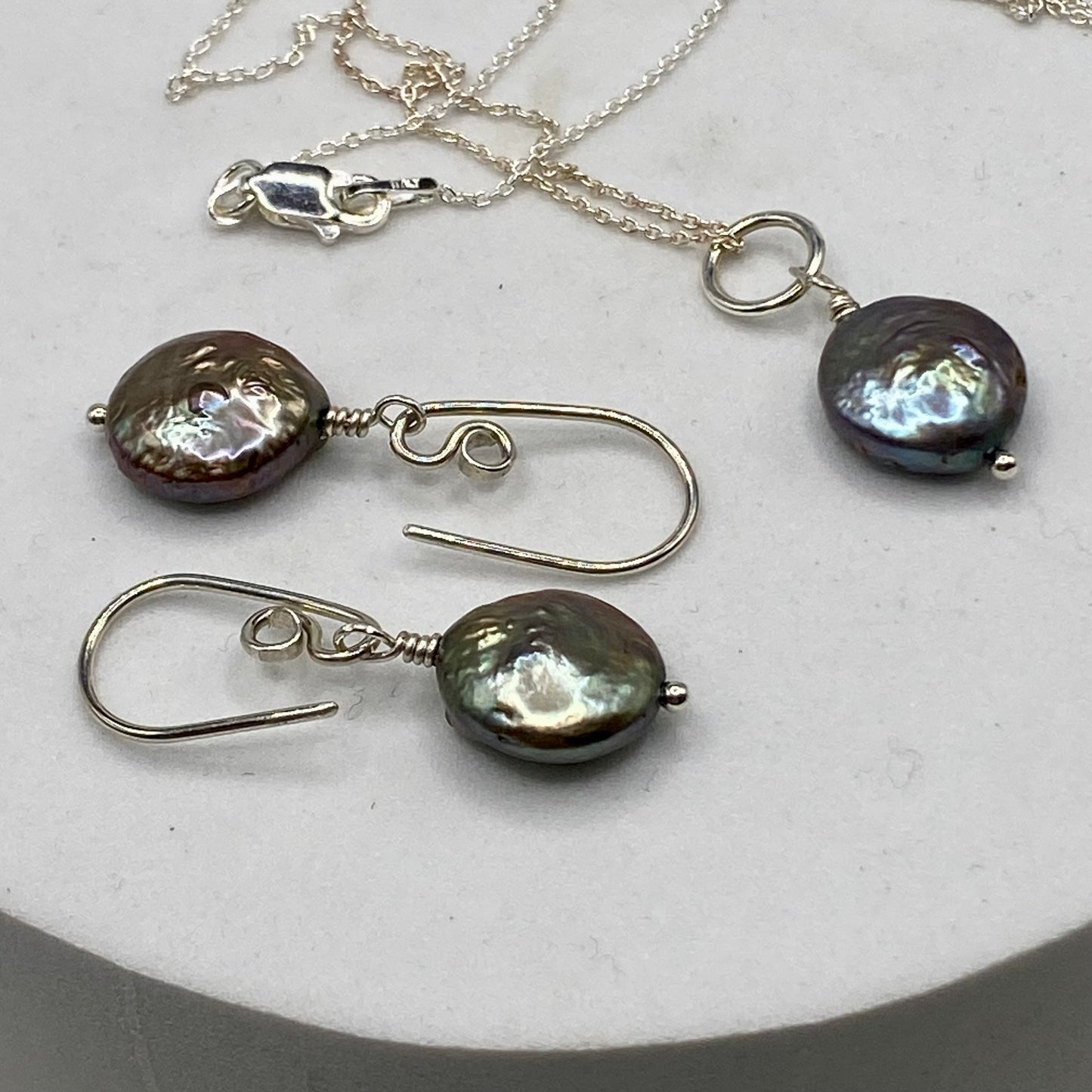 Black Coin Pearl Necklace Earring Set by Hip Chick Glass, Handmade Sterling Silver Jewelry, Handmade Pearl Jewelry Set, June Birthstone Gift