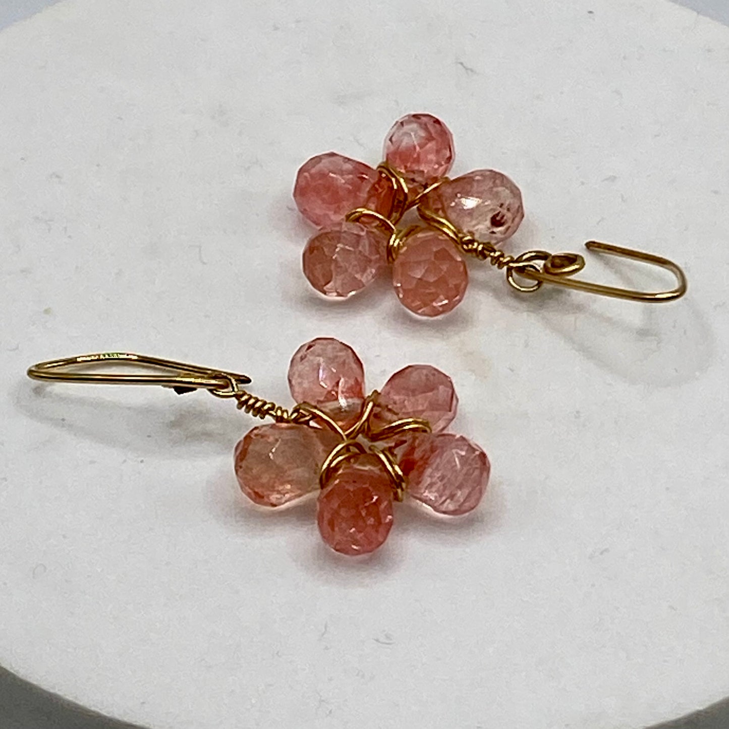 Cherry Quartz Wire Wrap Flower Earrings by Hip Chick Glass, 14 Karat Gold Fill Earrings, Handmade Gemstone Jewelry, Birthstone Gift