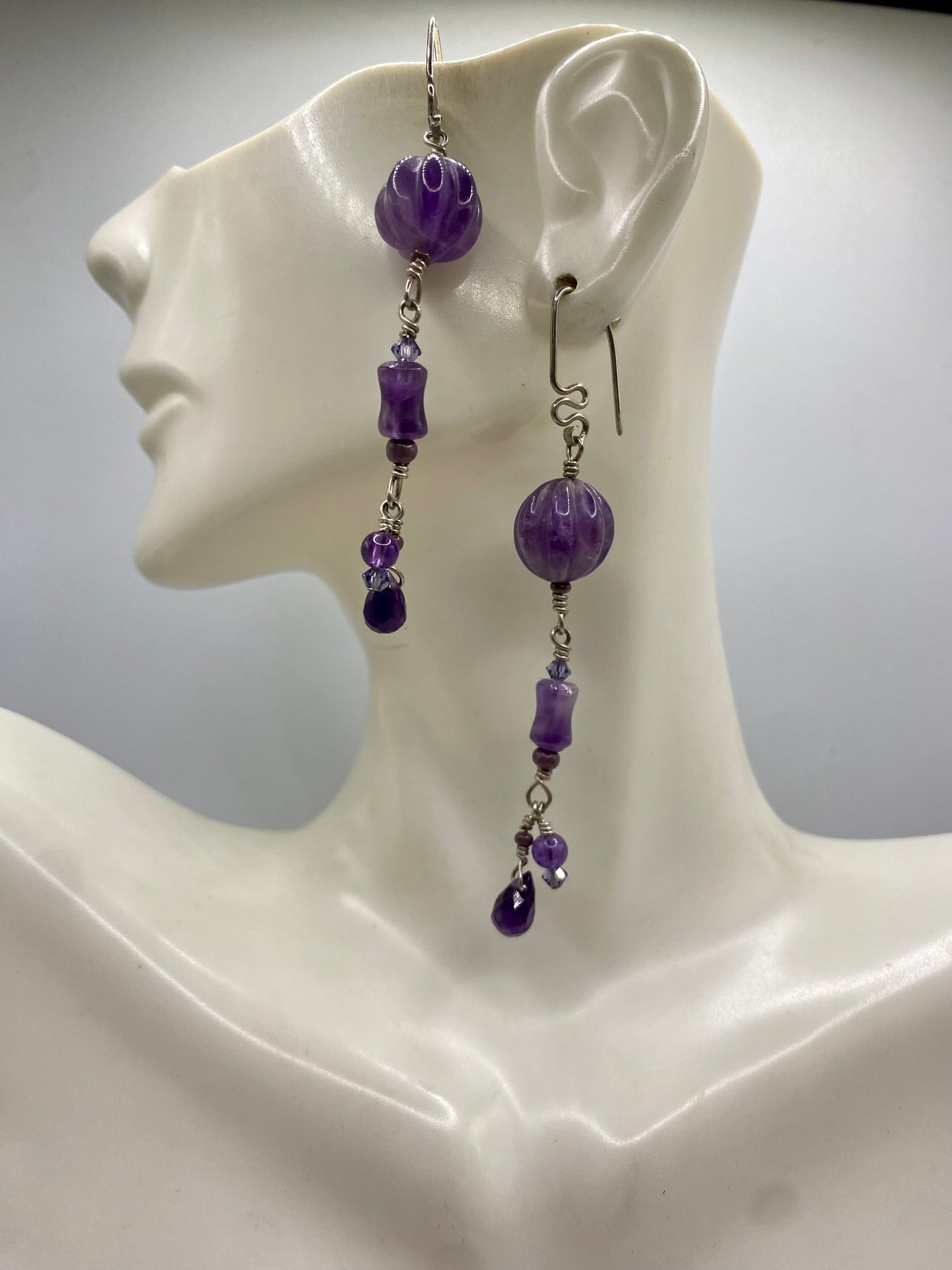 Long Amethyst Earrings by Hip Chick Glass, Sterling Silver Wire Wrap Earrings, Handmade Gemstone Jewelry, February Birthstone