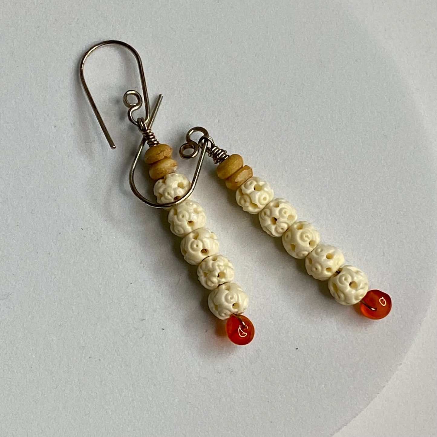 Carnelian, Carved Bone & Seed Earrings by Hip Chick Glass, Sterling Silver Earrings, Handmade Gemstone Jewelry, Gift For Woman