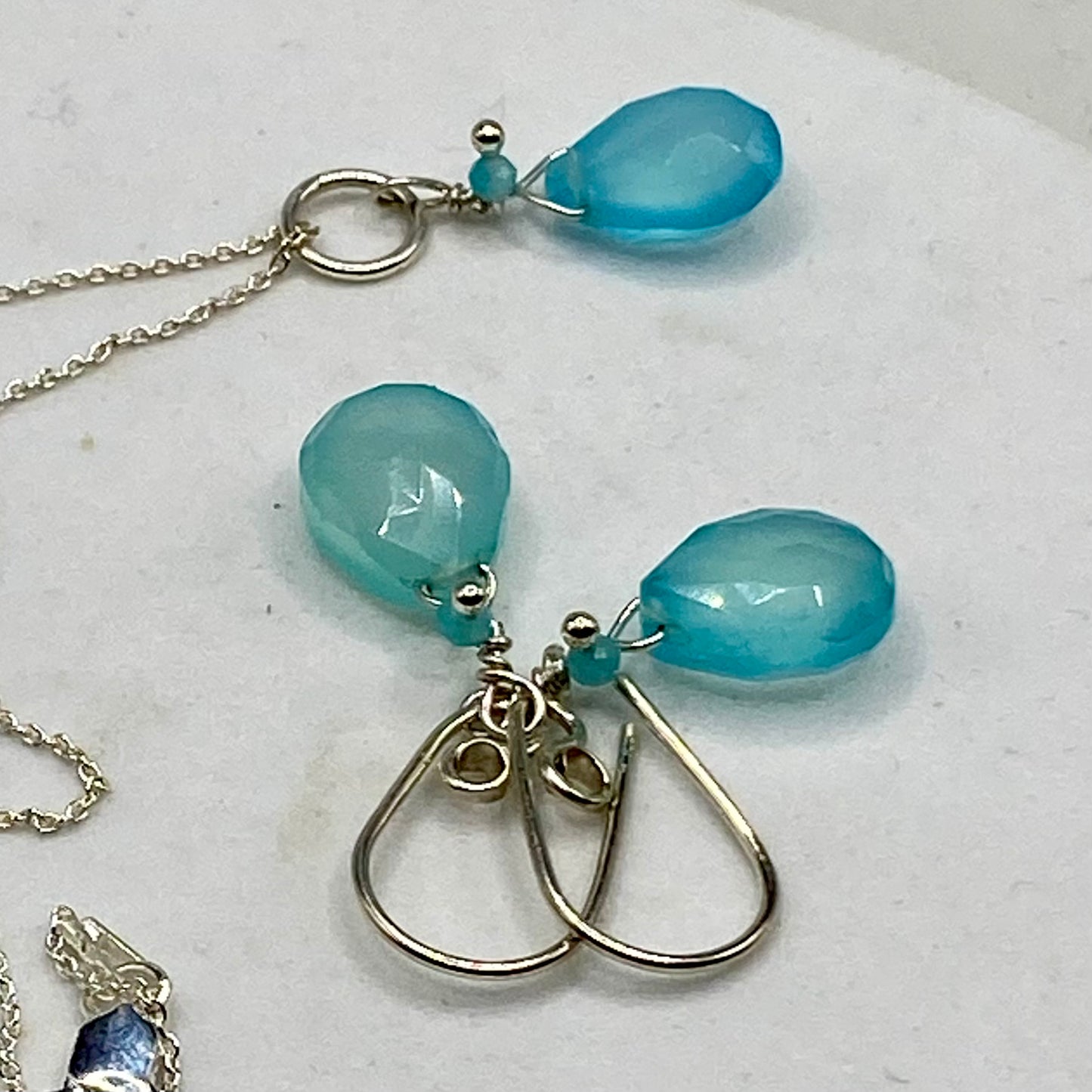 Blue Chalcedony Necklace & Earring Set by Hip Chick Glass, Handmade Sterling Silver Jewelry, Handmade Gemstone Jewelry Set, Dainty Necklace Earrings Set, Minimalist Jewelry