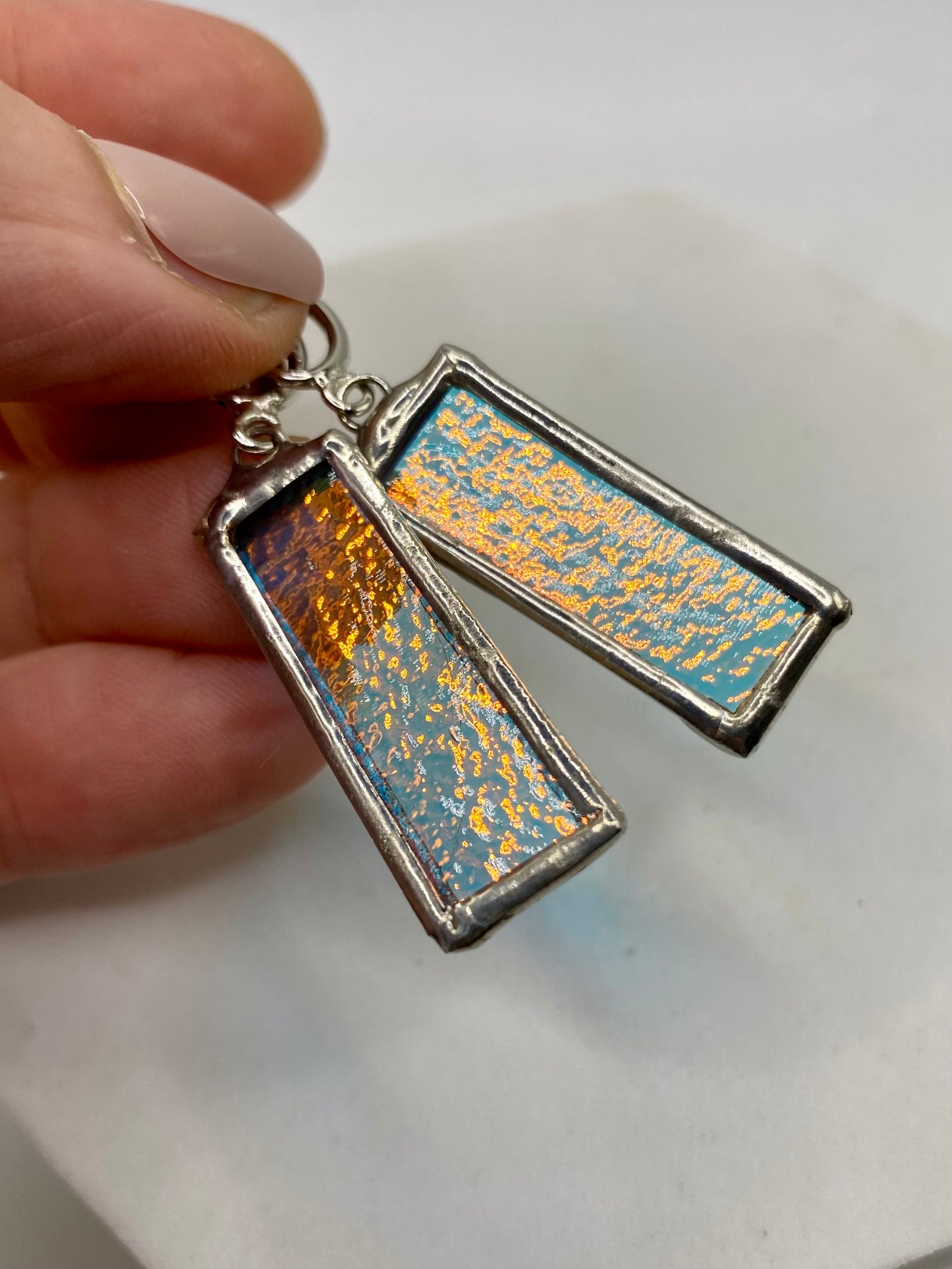 Blue & Yellow Rectangle Earrings | Stained Glass Earrings by Hip Chick Glass, Iridescent Statement Earrings, Geometric Earrings