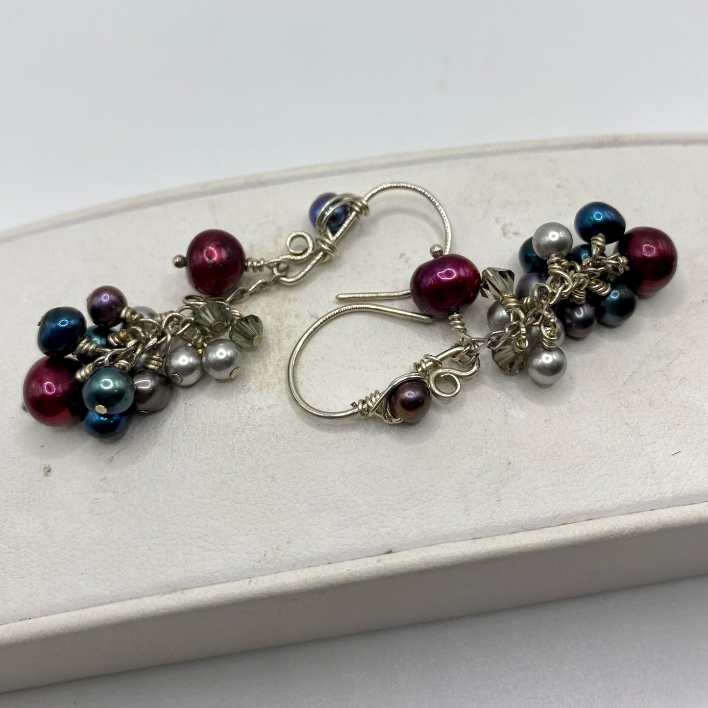 Cranberry, Blue & Gray Pearl Cluster Earrings by Hip Chick Glass, Sterling Silver Earrings, Handmade Gemstone Jewelry, June Birthstone Gift