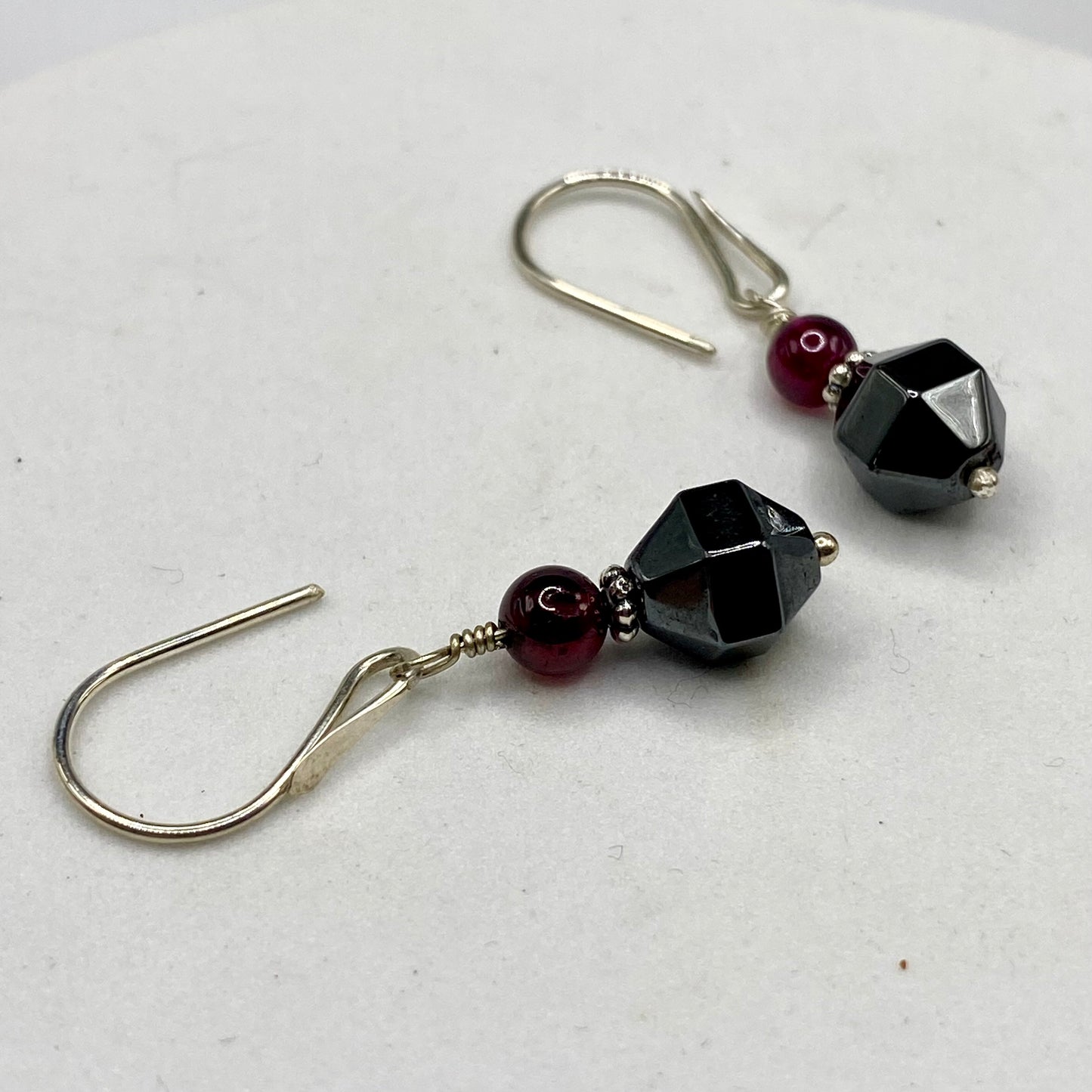 Garnet & Hematite Earrings by Hip Chick Glass, Sterling Silver Earrings, Handmade Garnet Earrings, Handmade Hematite Earrings, January Birthstone Gift