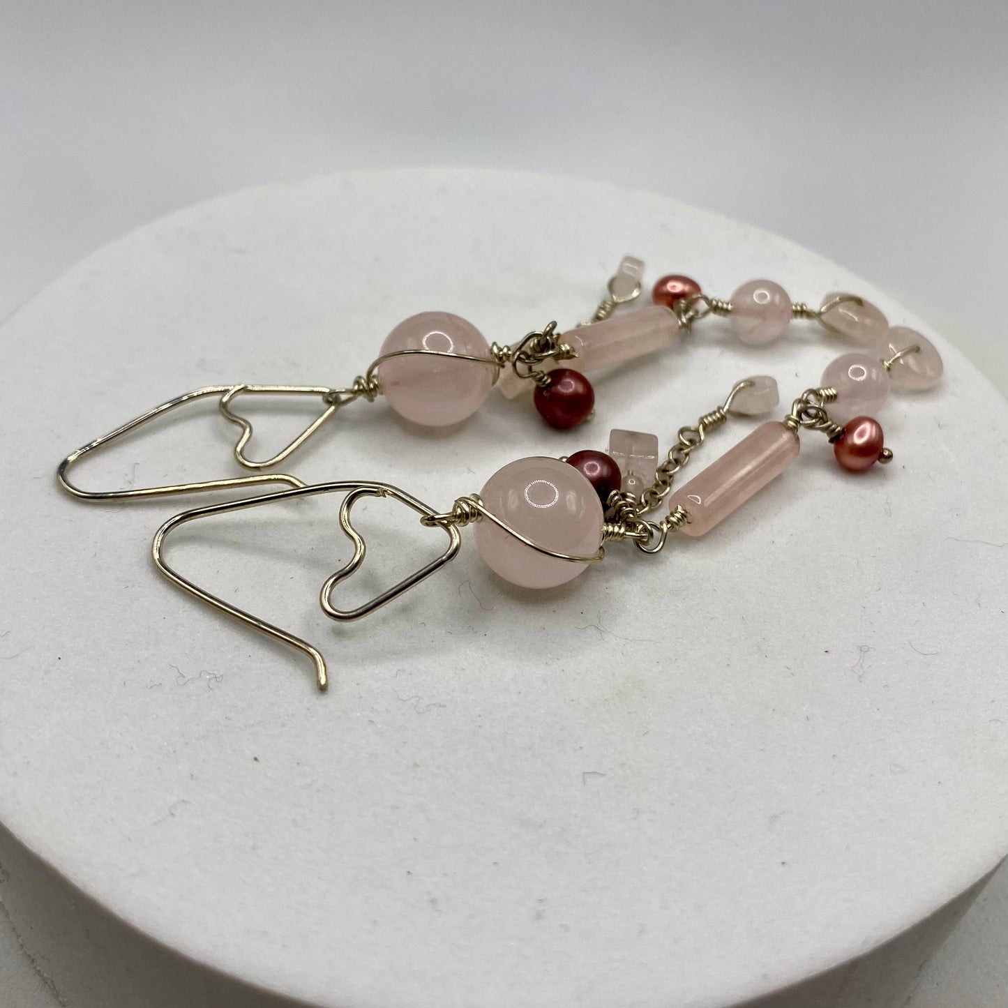 Long Rose Quartz Earrings with Freshwater Pearls by Hip Chick Glass, Rose Quartz Earrings, Handmade Silver Gemstone Jewelry, Handmade Jewelry Gift, June Birthstone Earrings