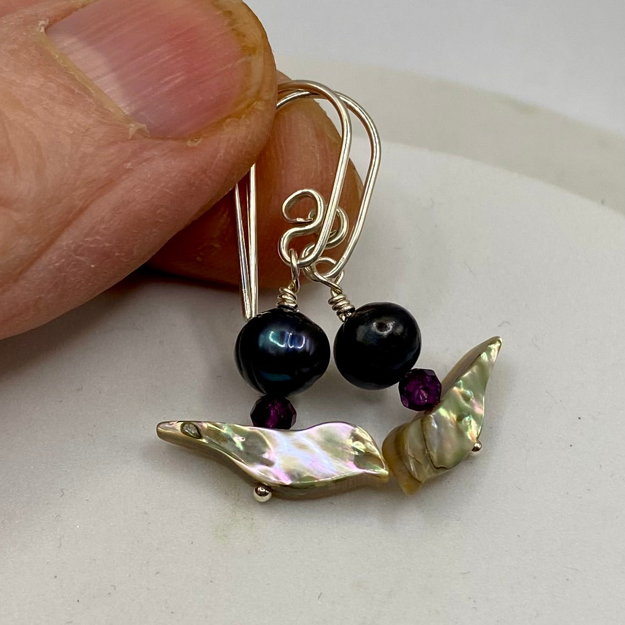 Bird Abalone, Iolite & Pearl Earrings by Hip Chick Glass, Handmade Sterling Silver Earrings, Silver Gemstone Jewelry