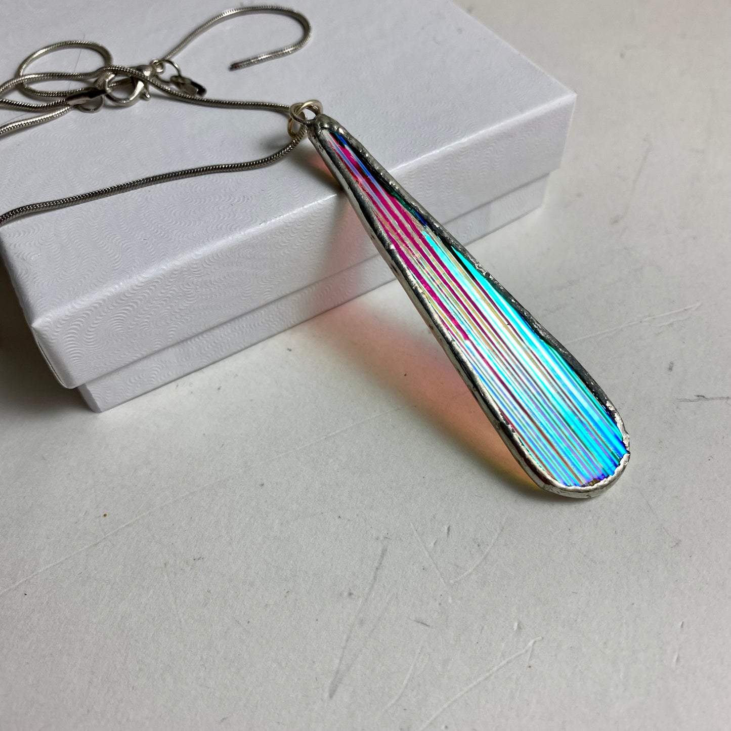 Iridescent Teardrop Necklace | Iridescent Glass Necklace by Hip Chick Glass, Handmade Silver Pendant Necklace, Dichroic Glass Pendant Necklace, Handmade Jewelry