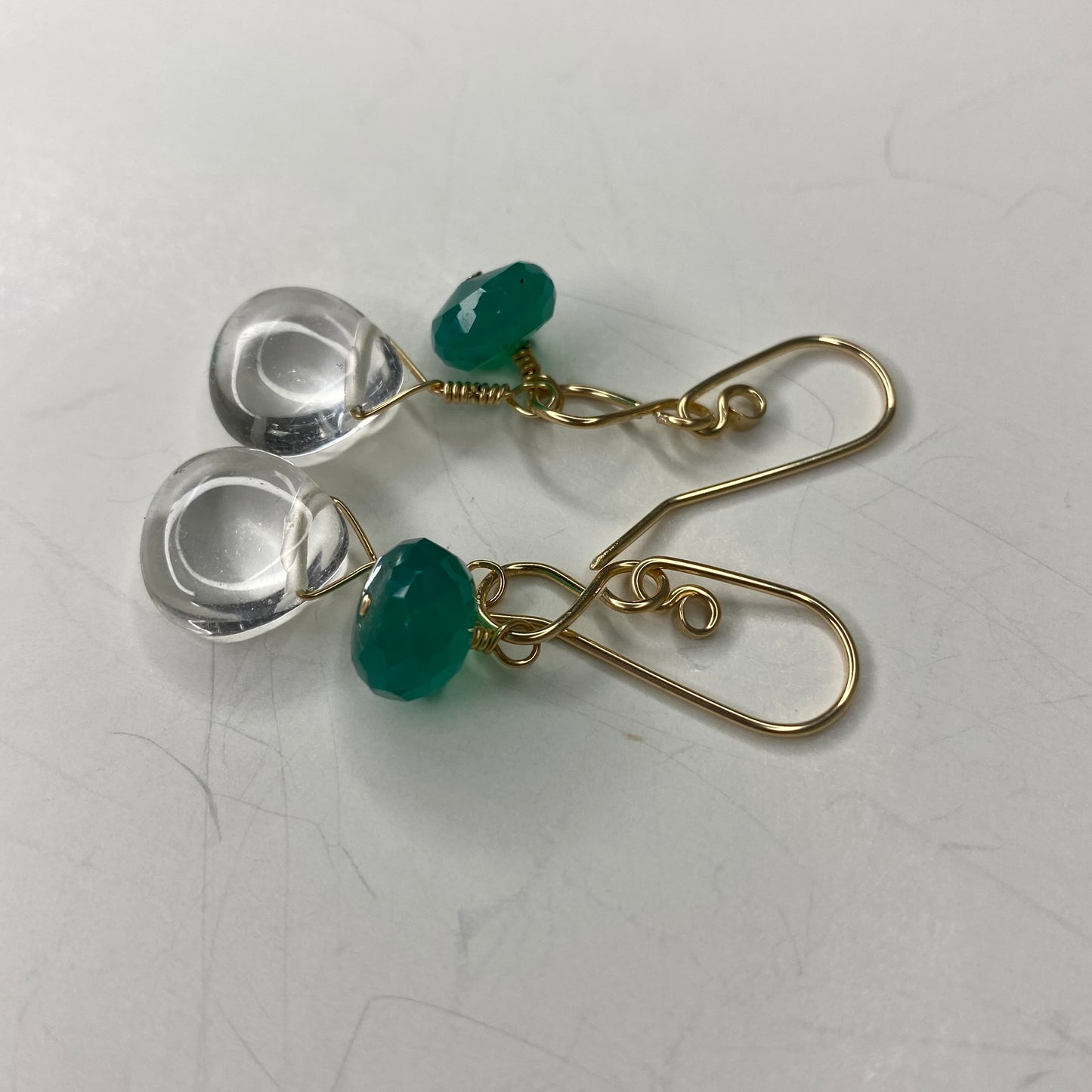 Green Agate & Quartz Crystal Dangle Earrings by Hip Chick Glass, 14 Karat Gold Fill Earrings, Handmade Gemstone Jewelry, Birthstone Gift