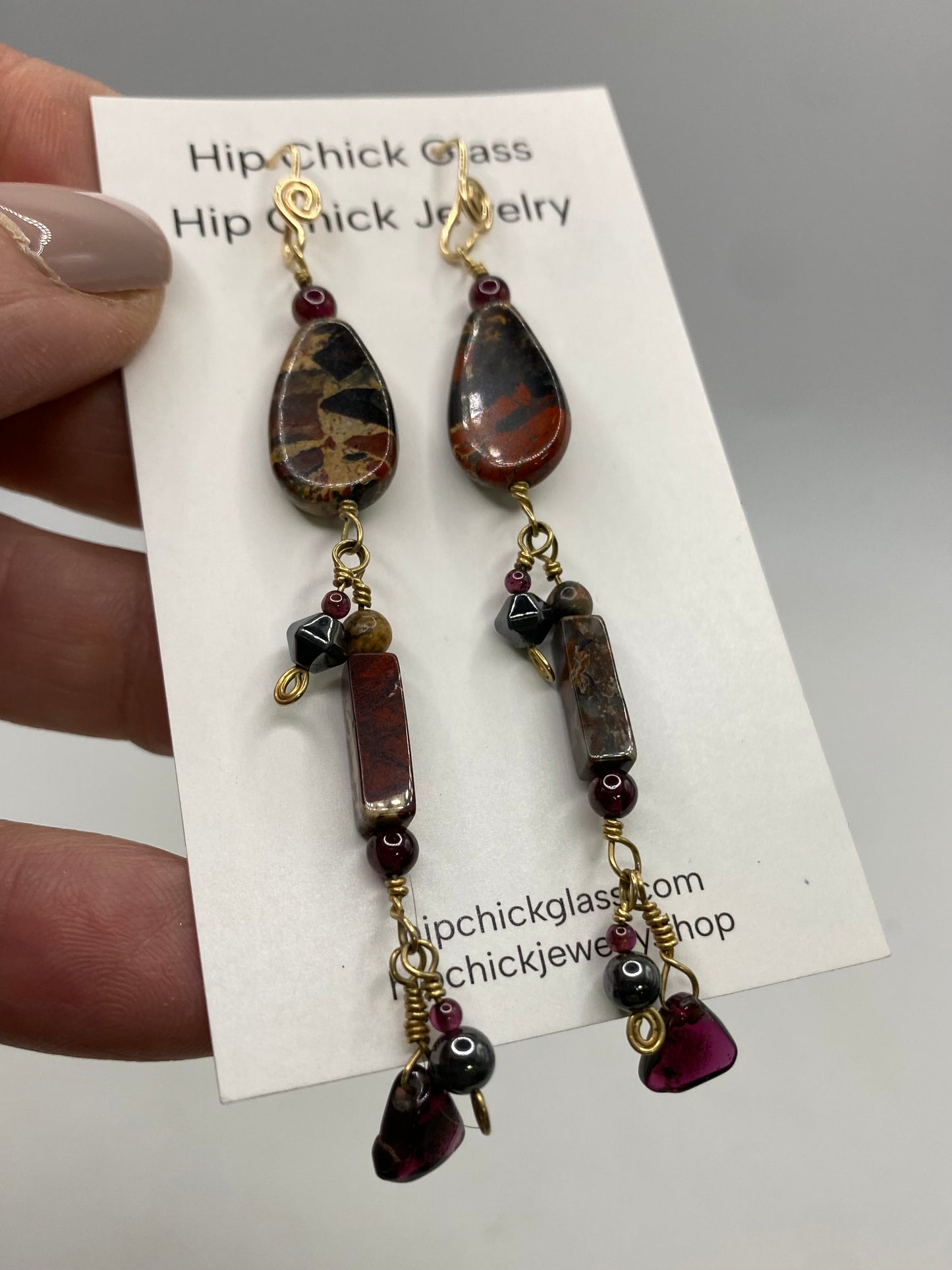Jasper Hematite Garnet Gold Dangle Earrings by Hip Chick Glass, 14 Karat Gold Fill Earrings, Handmade Gemstone Jewelry, Birthstone Gift