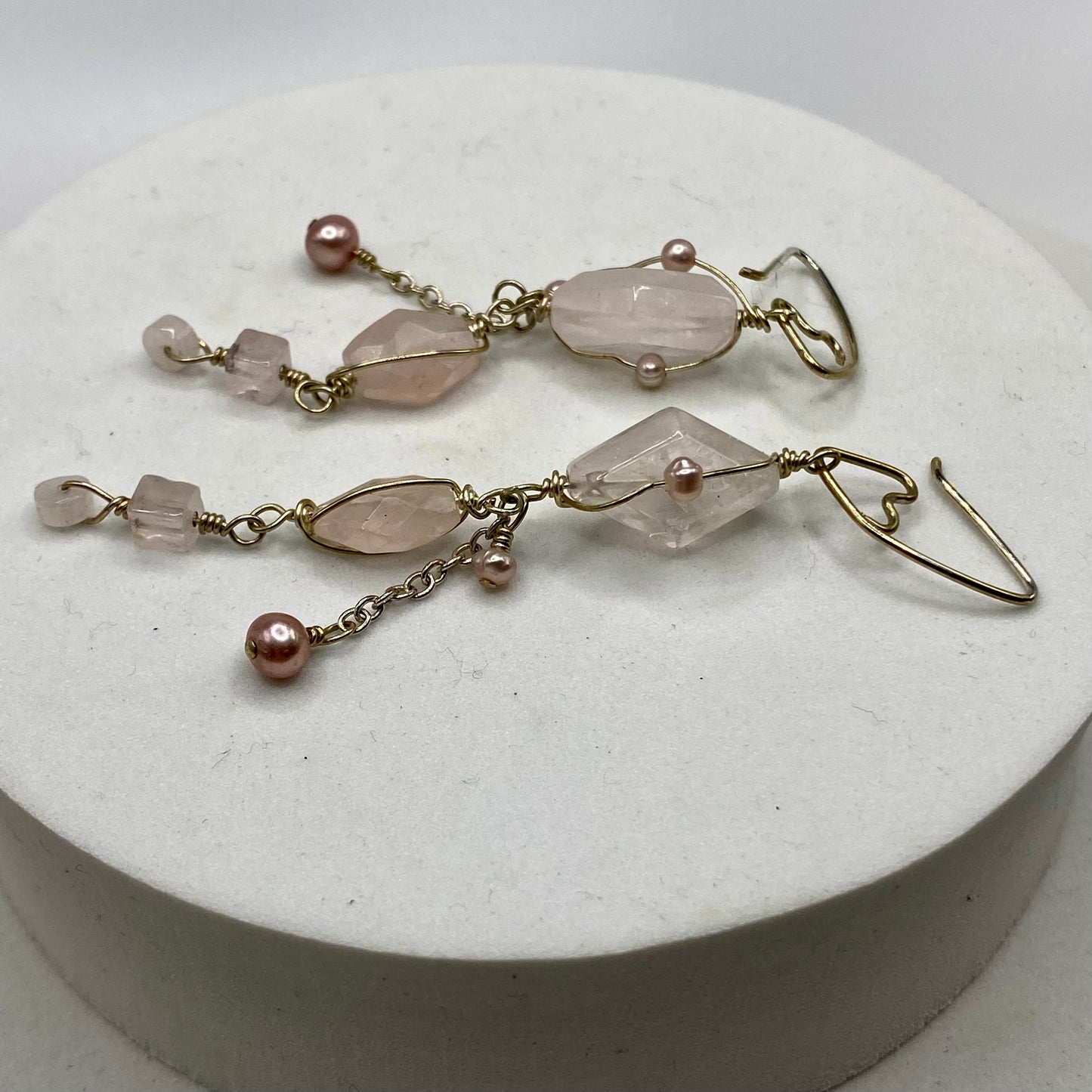 Long Rose Quartz Earrings with Pearl Wrap by Hip Chick Glass, Boho Luxe Gemstone Earrings, Handmade Rose Quartz Earrings, June Birthstone Gift