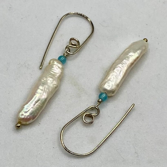 Stick Pearl & Aquamarine Dangle Earrings by Hip Chick Glass, Sterling Silver Drop Earrings, Handmade Gemstone Earrings, June Birthstone Gift, March Birthstone Gift