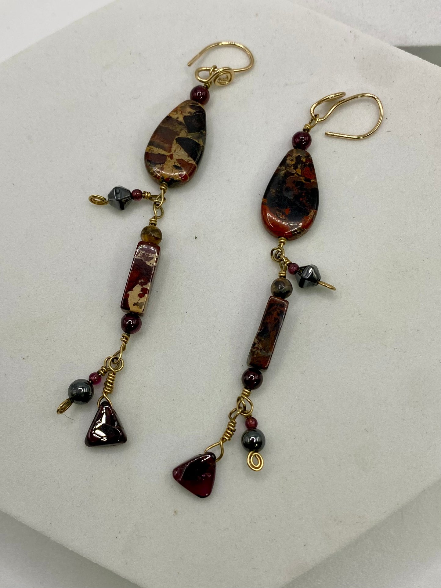 Jasper Hematite Garnet Gold Dangle Earrings by Hip Chick Glass, 14 Karat Gold Fill Earrings, Handmade Gemstone Jewelry, Birthstone Gift