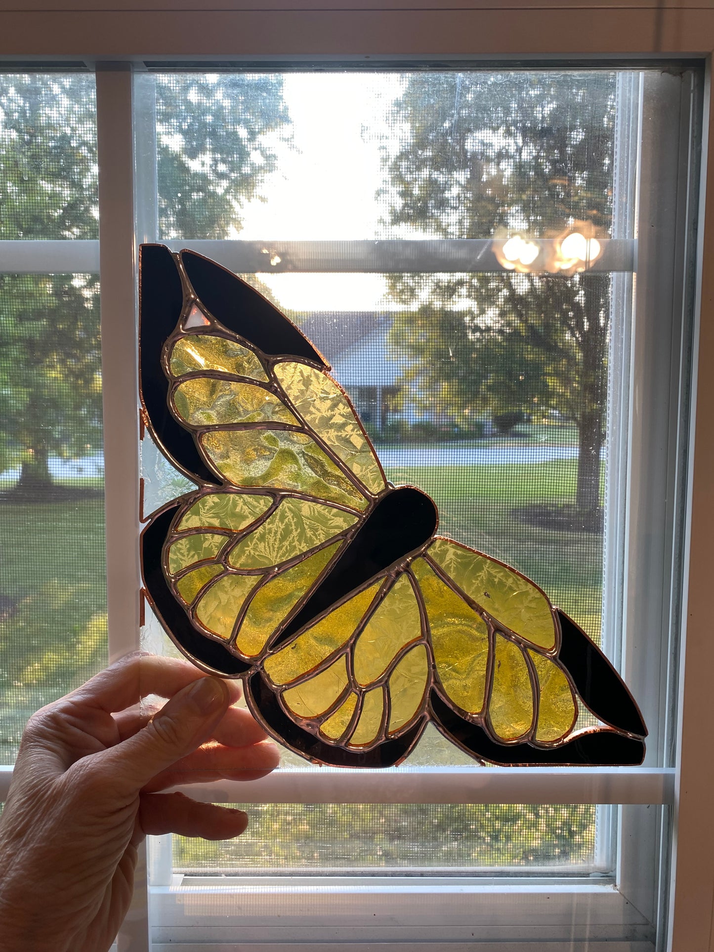 YELLOW BUTTERFLY Window Corner | Stained Glass Window Panel | Handmade Home Décor | Butterfly Sun Catcher by Hip Chick Glass, LLC