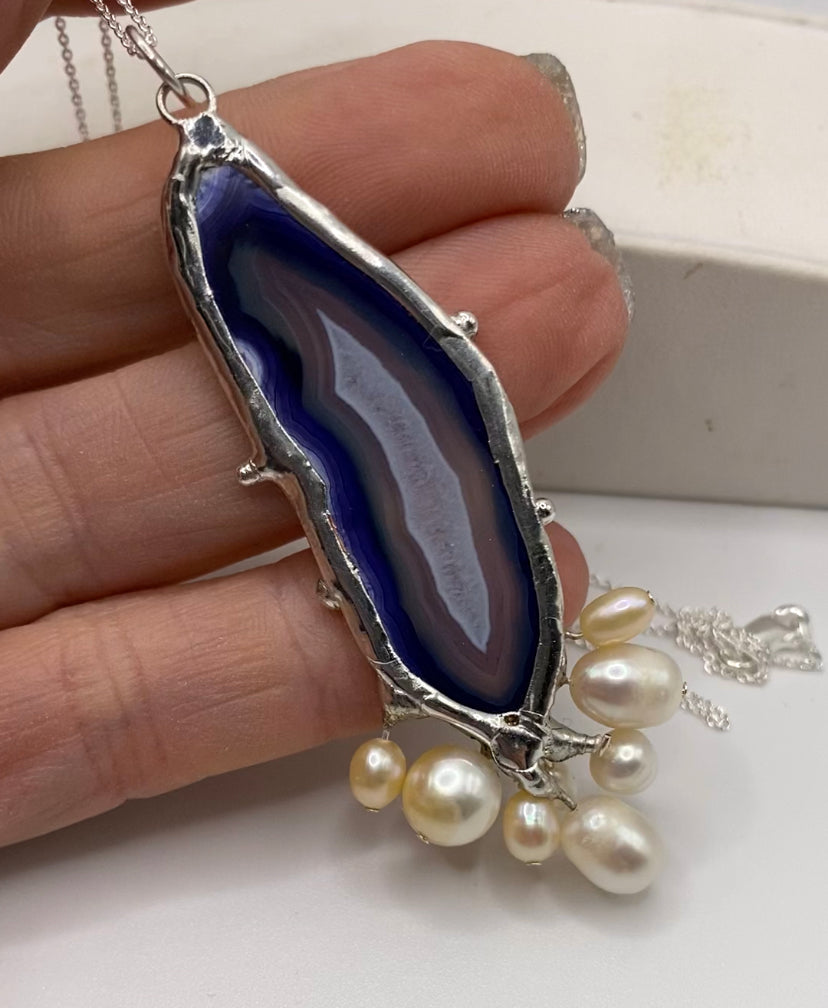 Agate & Pearl Cluster Necklace | Agate Slice Necklace by Hip Chick Glass, Handmade Silver Pendant Necklace, Silver Pearl Agate Necklace, Handmade Jewelry