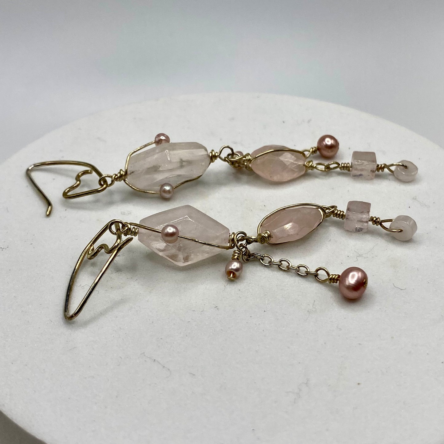 Long Rose Quartz Earrings with Pearl Wrap by Hip Chick Glass, Boho Luxe Gemstone Earrings, Handmade Rose Quartz Earrings, June Birthstone Gift