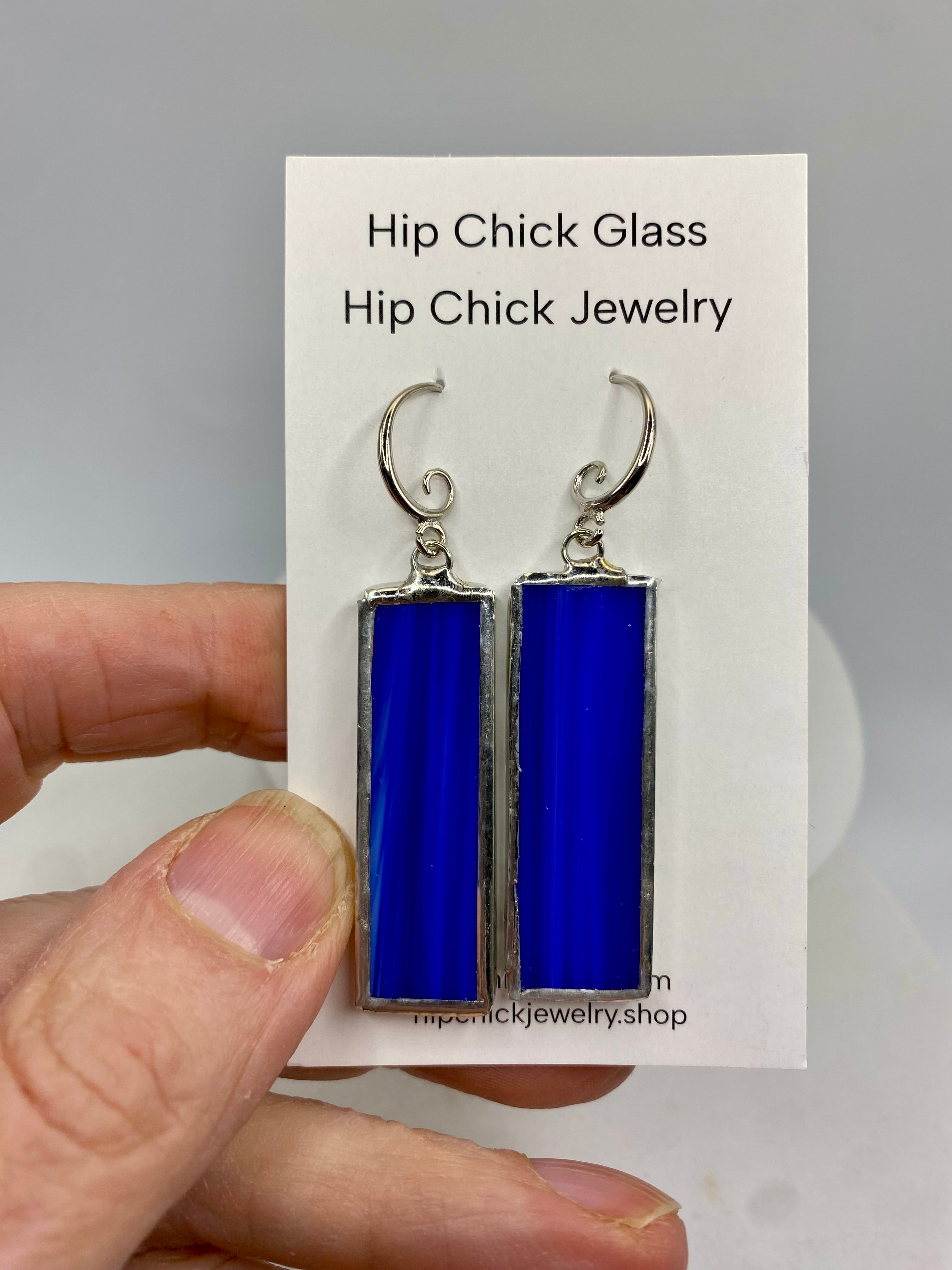 Dark Blue Rectangle Stained Glass Earrings by Hip Chick Glass
