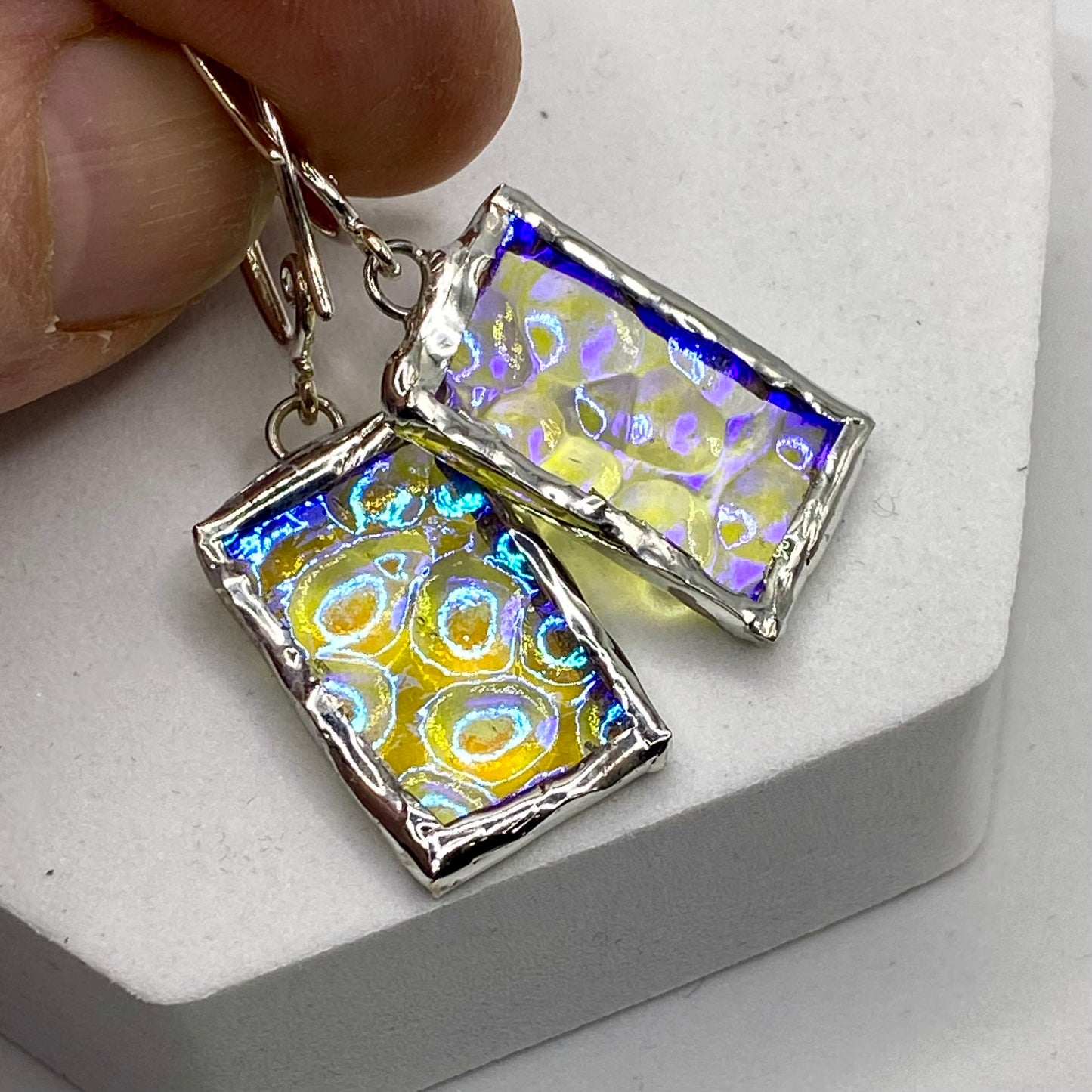 Shimmering Rectangle Earrings | Dichroic Glass Earrings by Hip Chick Glass, Handmade Dangle & Drop Earrings, Iridescent Glass Earrings, Handmade Jewelry