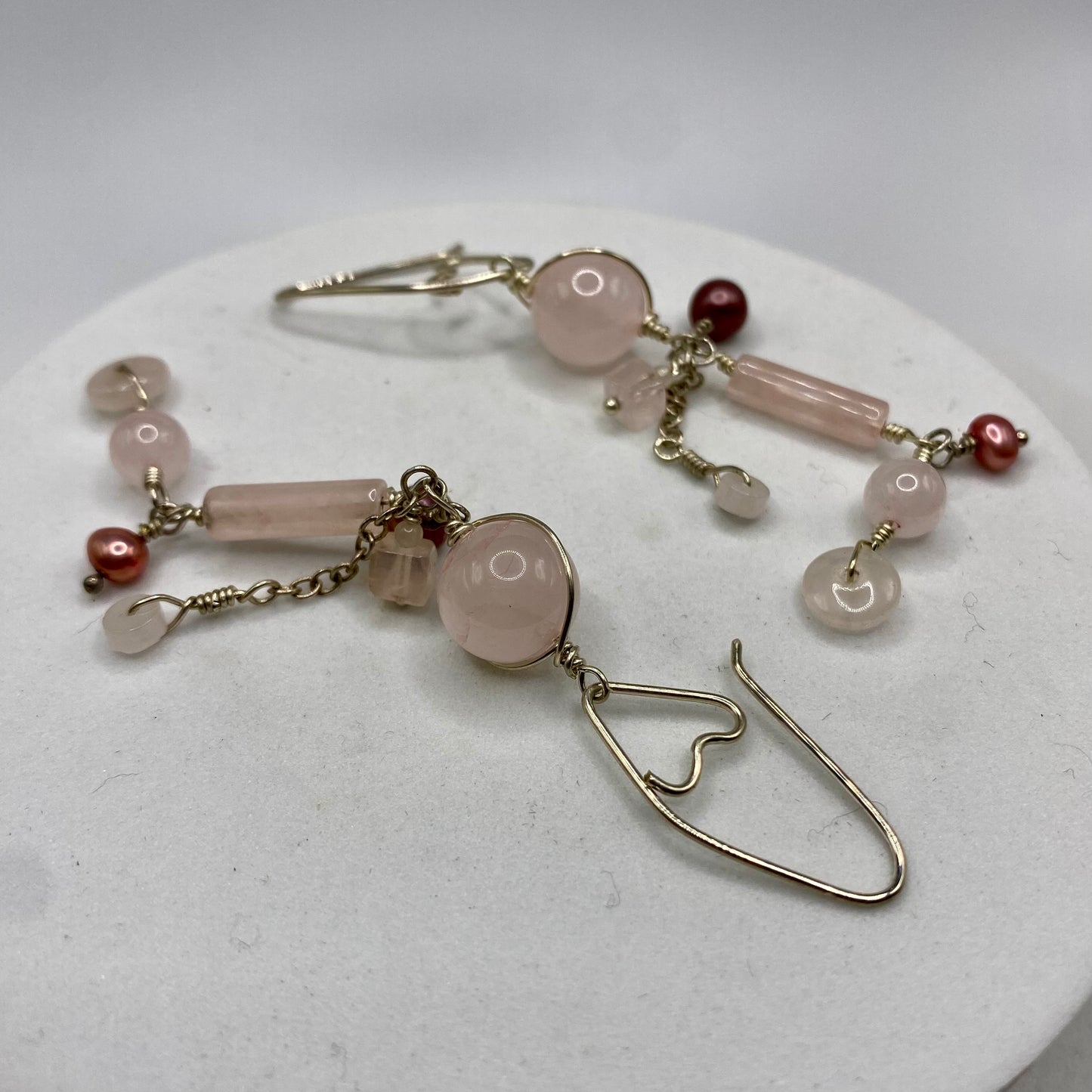 Long Rose Quartz Earrings with Freshwater Pearls by Hip Chick Glass, Rose Quartz Earrings, Handmade Silver Gemstone Jewelry, Handmade Jewelry Gift, June Birthstone Earrings