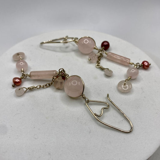 Long Rose Quartz Earrings with Freshwater Pearls by Hip Chick Glass, Rose Quartz Earrings, Handmade Silver Gemstone Jewelry, Handmade Jewelry Gift, June Birthstone Earrings